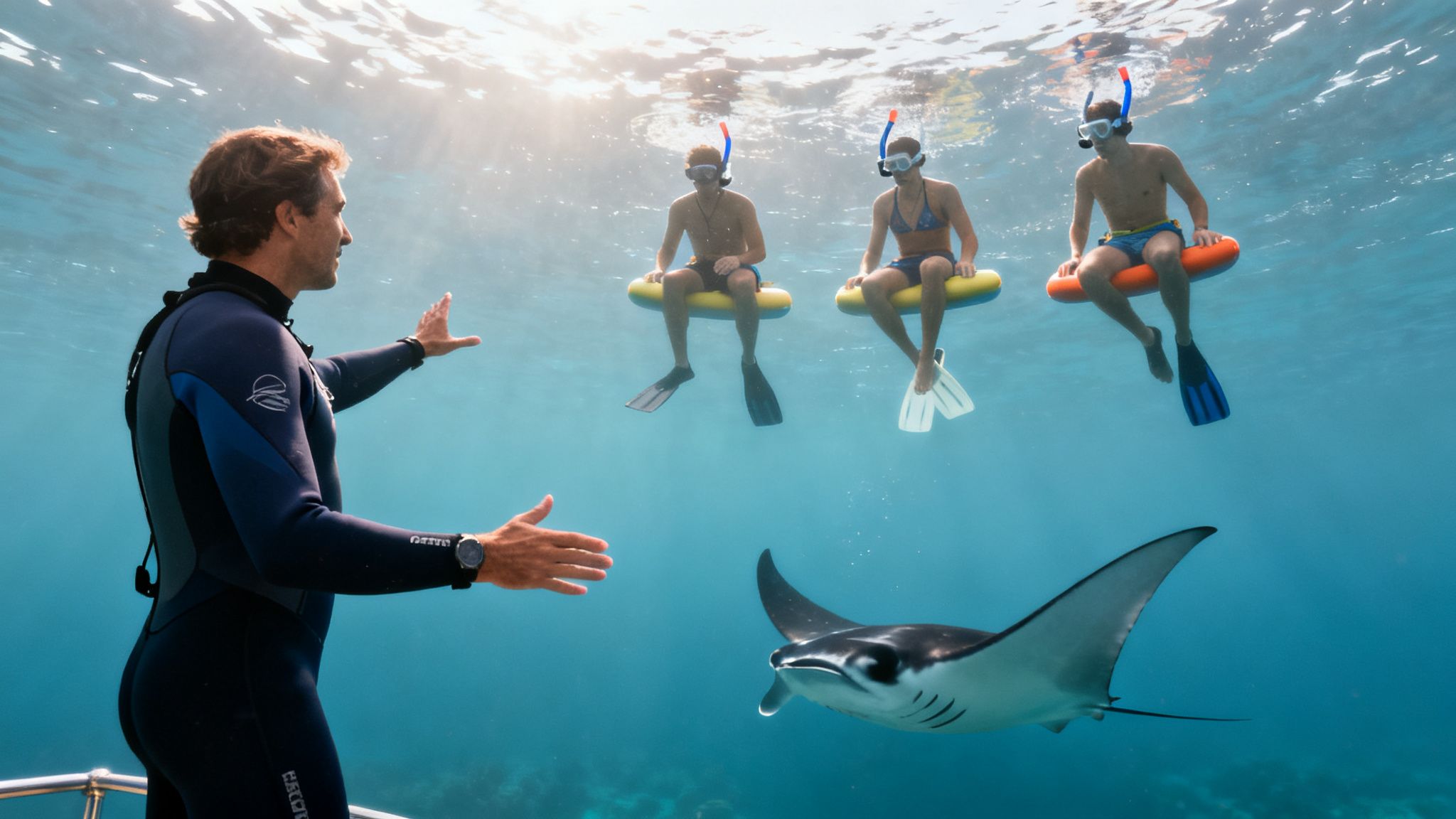 Underwater guide with three snorkelers observing a majestic manta ray during a tour.