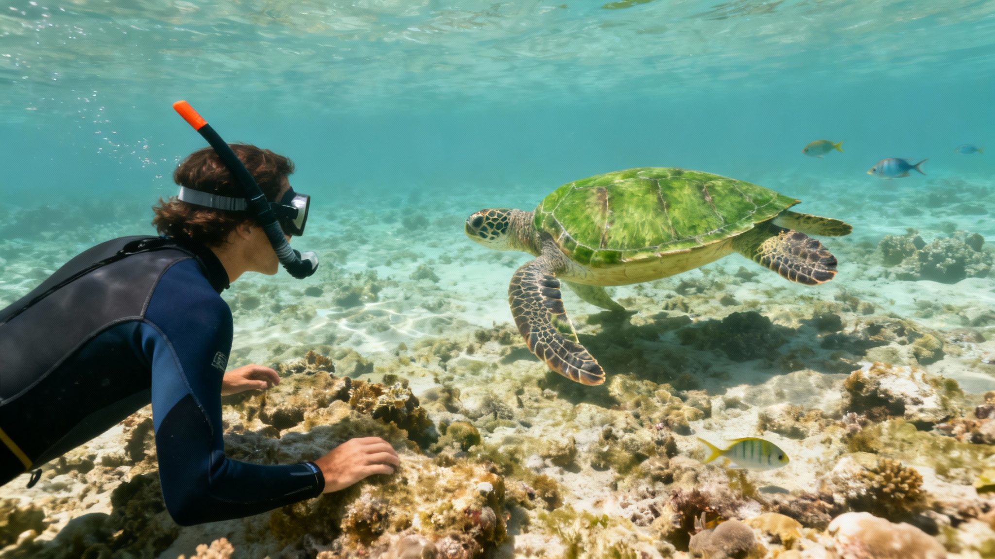 A snorkeler observes a green sea turtle swimming among coral reefs in clear blue water.