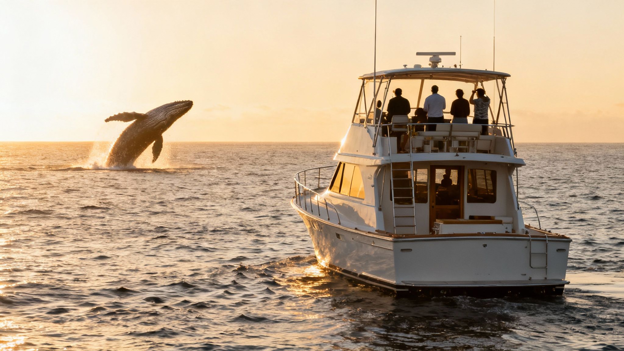 A majestic humpback whale breaches out of the ocean next to a boat with tourists at sunset.