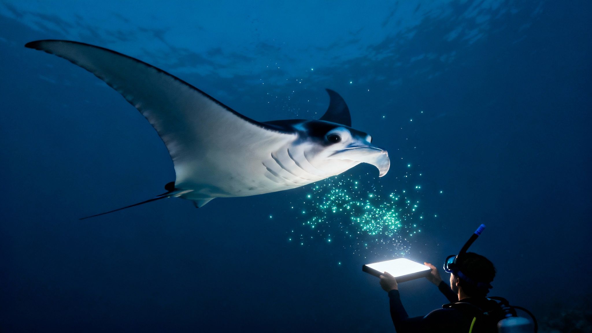 A manta ray gracefully glides through the dark ocean, illuminated by lights from above.