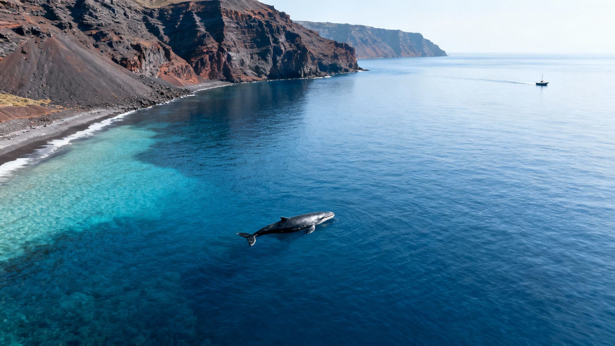 Aerial view of a large whale swimming in clear blue ocean water near a rugged volcanic coastline.