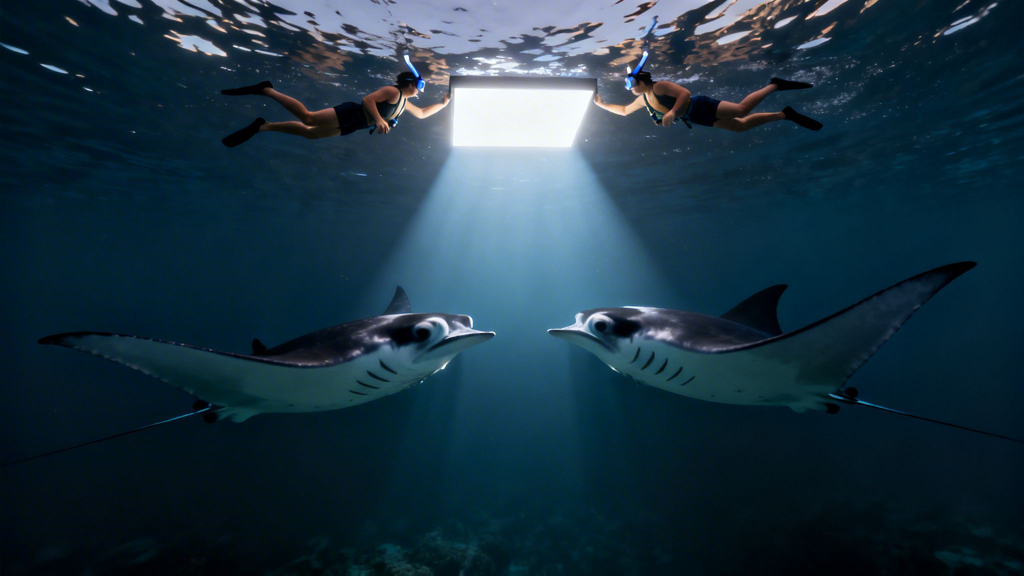 Two snorkelers hold a light source underwater, illuminating two elegant manta rays swimming below.
