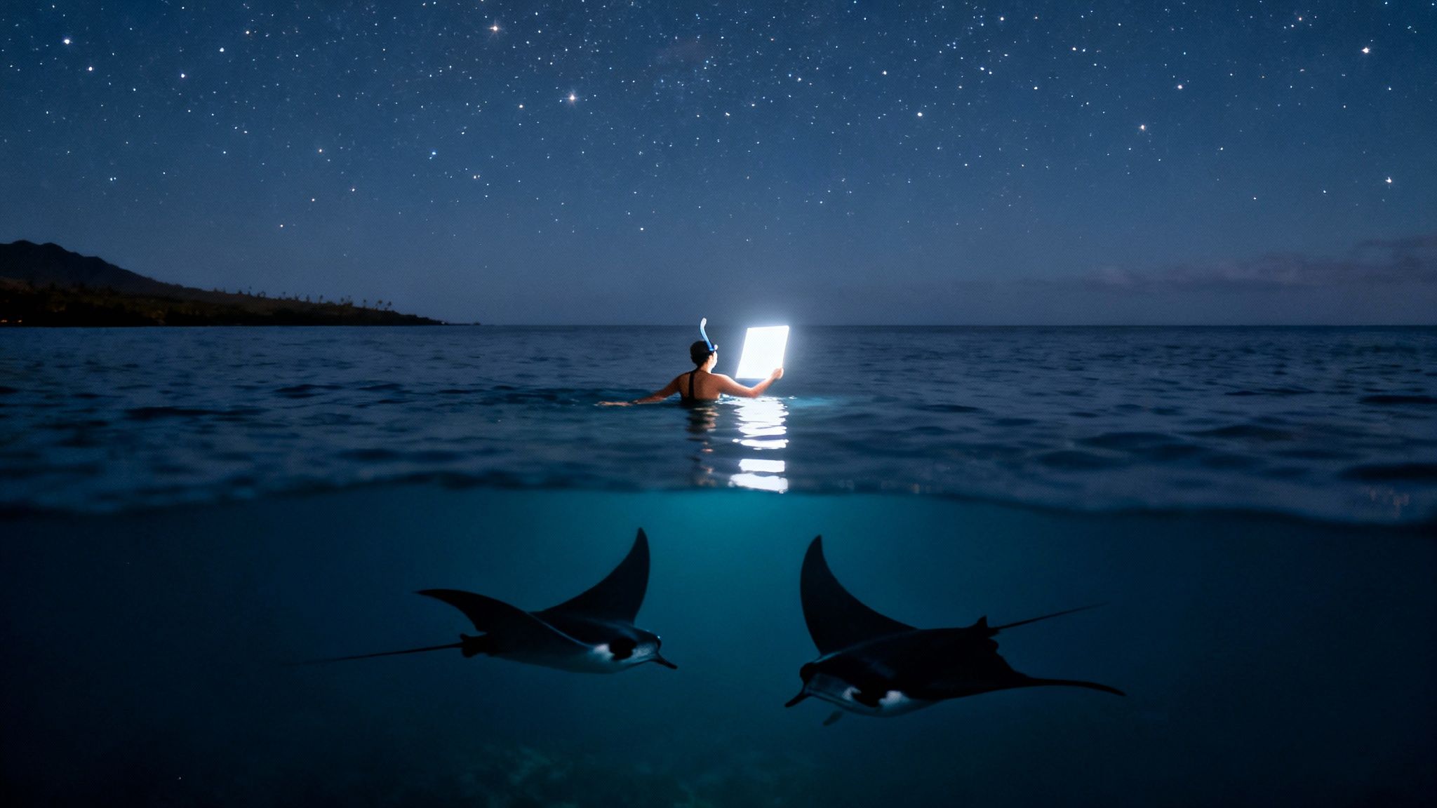 Person snorkeling at night with a glowing tablet, illuminating two manta rays underwater.