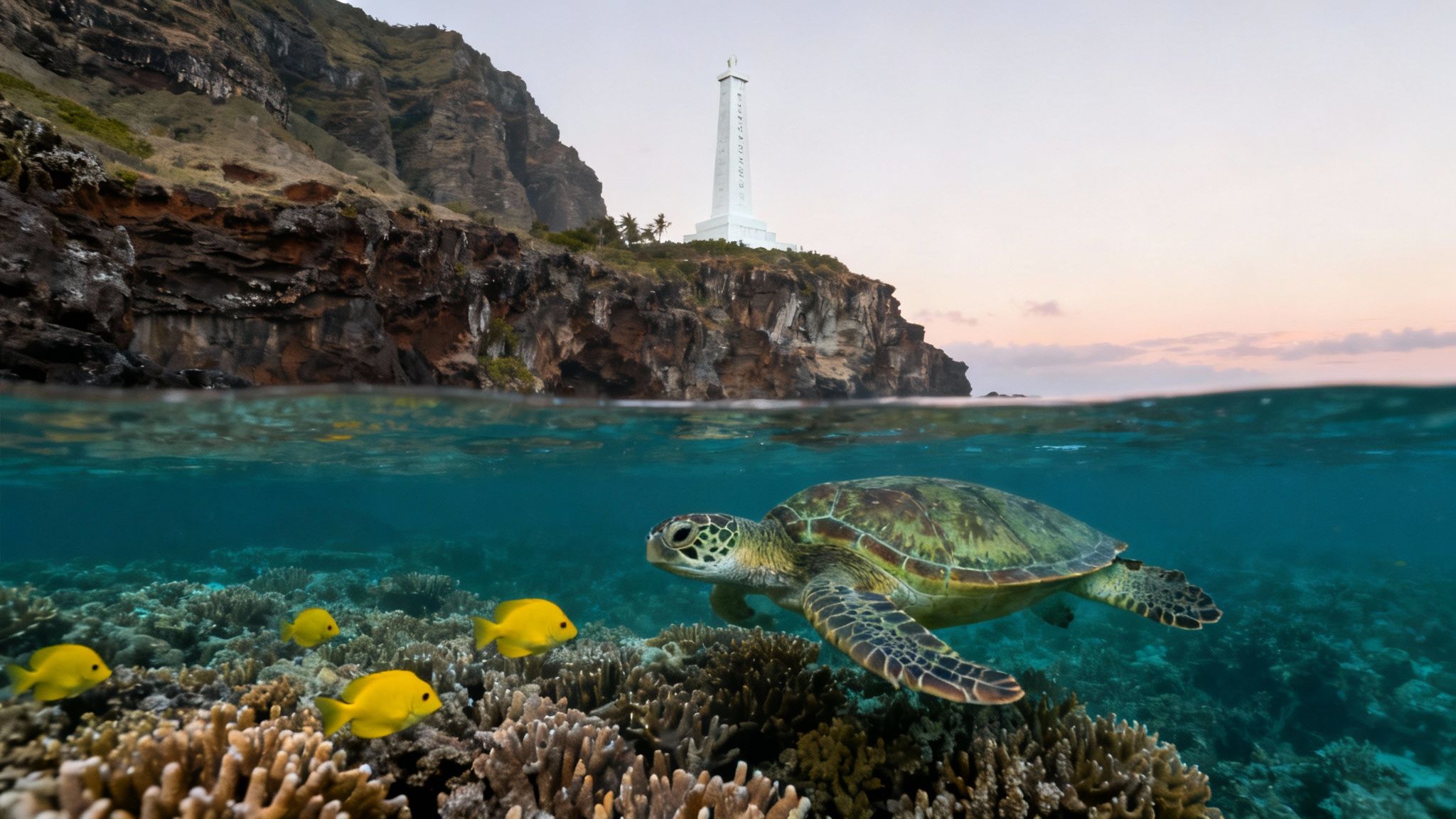 A split view showing a sea turtle and yellow fish underwater, and a coastal cliff with a lighthouse at sunset.