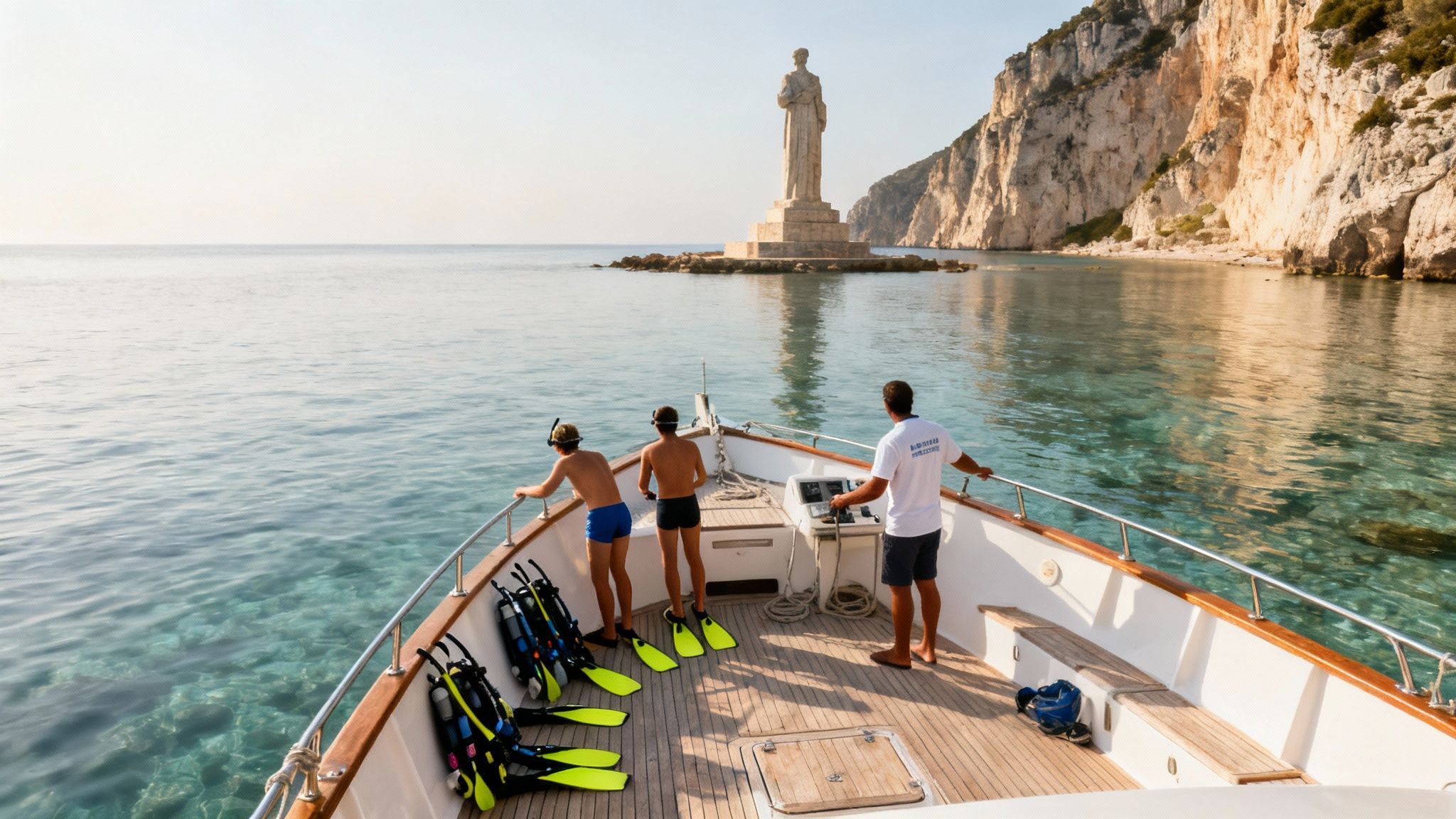 A boat with divers approaching a coastal monument and cliffside in clear water.