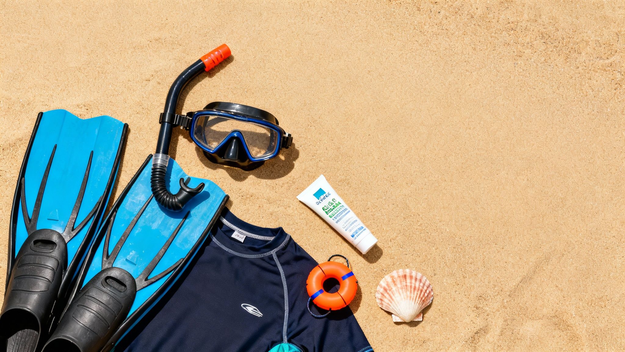 Snorkeling gear including blue fins, a mask, and snorkel, with a rash guard, sunscreen, a mini lifebuoy, and a seashell on golden sand.