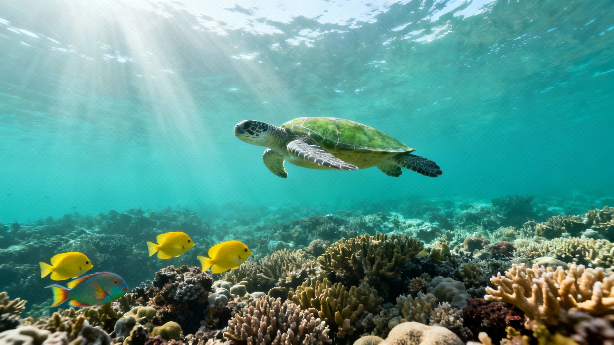 Green sea turtle swimming gracefully above a vibrant coral reef with colorful fish and sun rays.