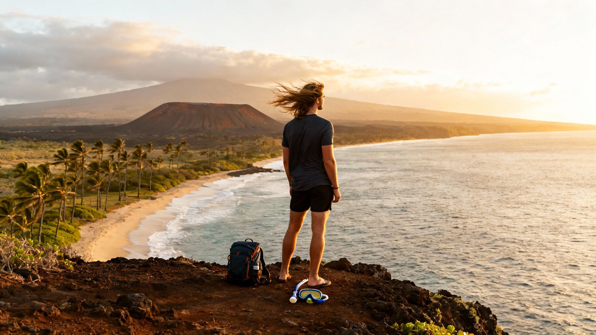 Man with long hair on a cliff overlooks a Hawaiian beach and ocean at golden hour.