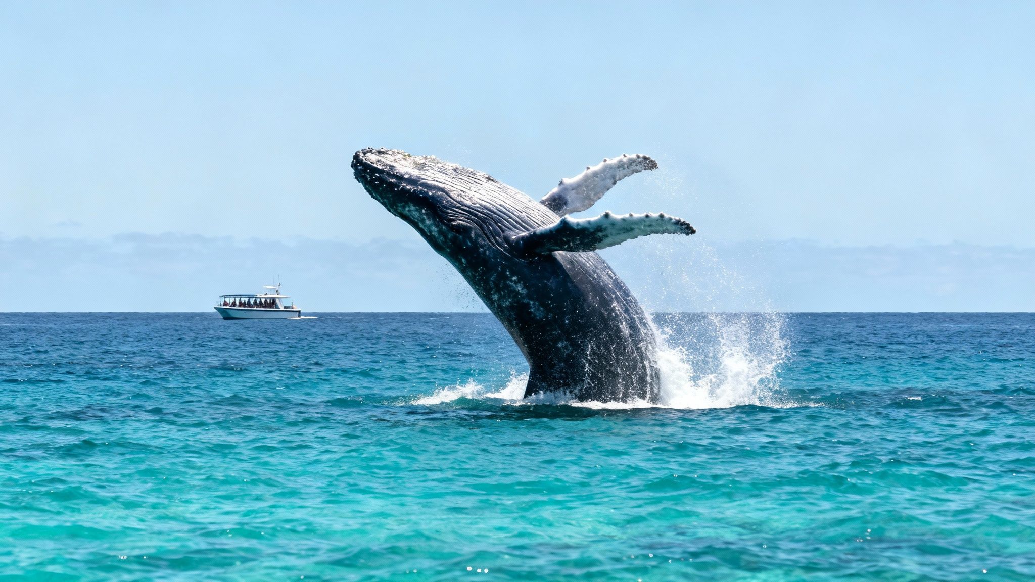 Humpback whale breaching ocean surface near whale watching tour boat in Kona Hawaii