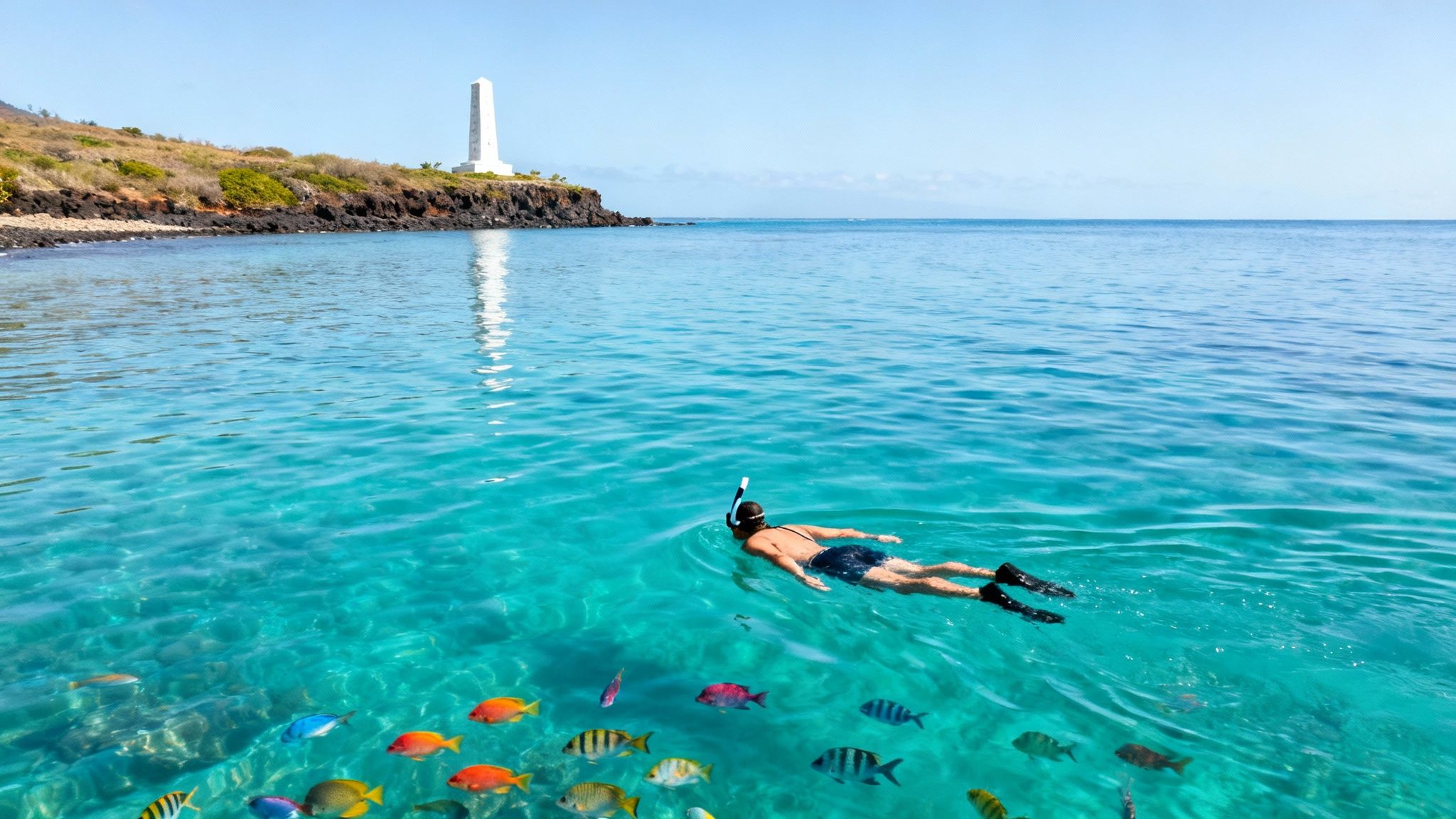 A person snorkeling in clear blue tropical waters with colorful fish near a rocky coastline and a white monument.