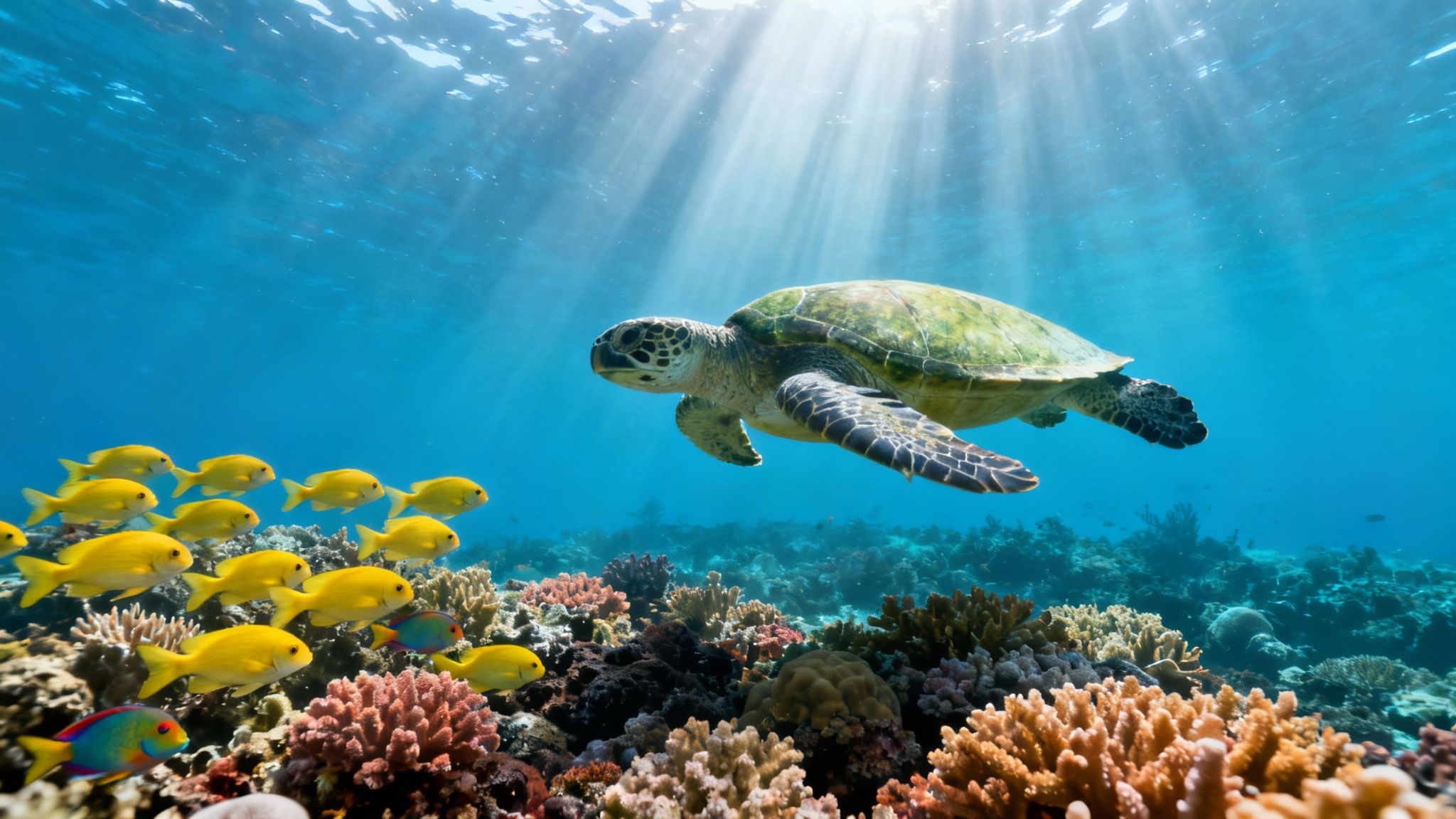 A majestic green sea turtle swims gracefully above a vibrant coral reef and yellow fish.