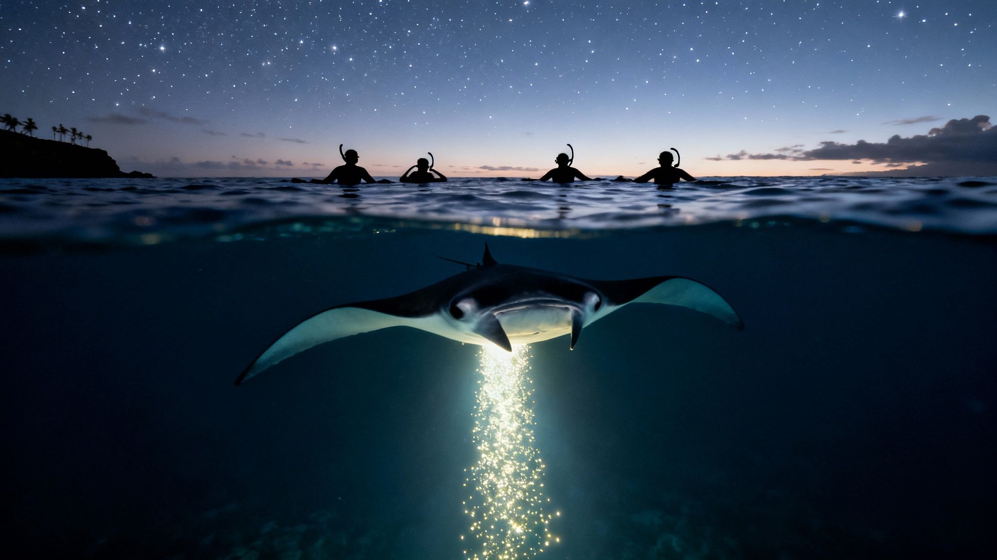 Four snorkelers under a starry night sky observe a majestic manta ray with a glowing light trail underwater.