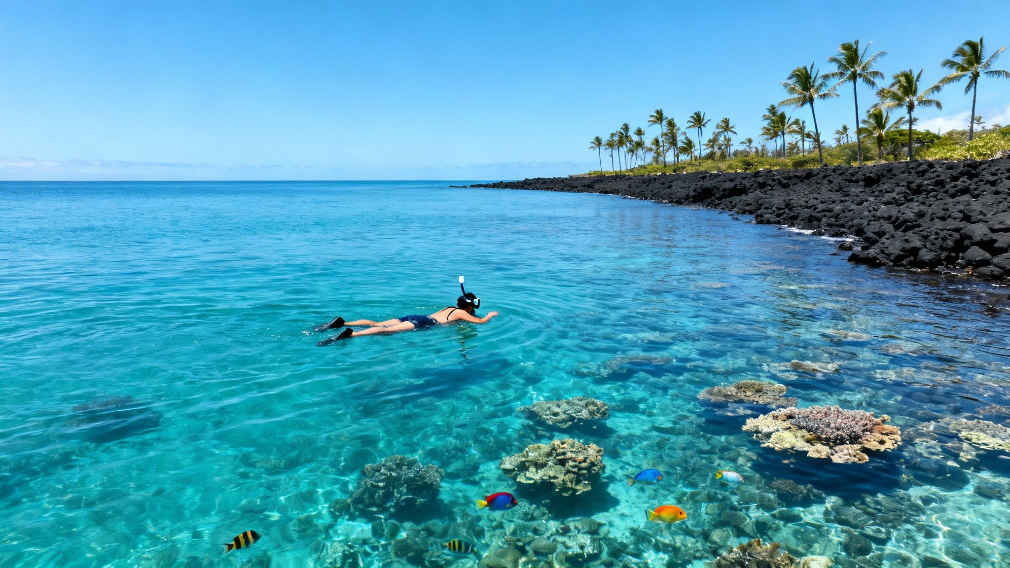 Person snorkeling in clear blue Hawaiian waters with coral, colorful fish, and palm-lined volcanic shore.