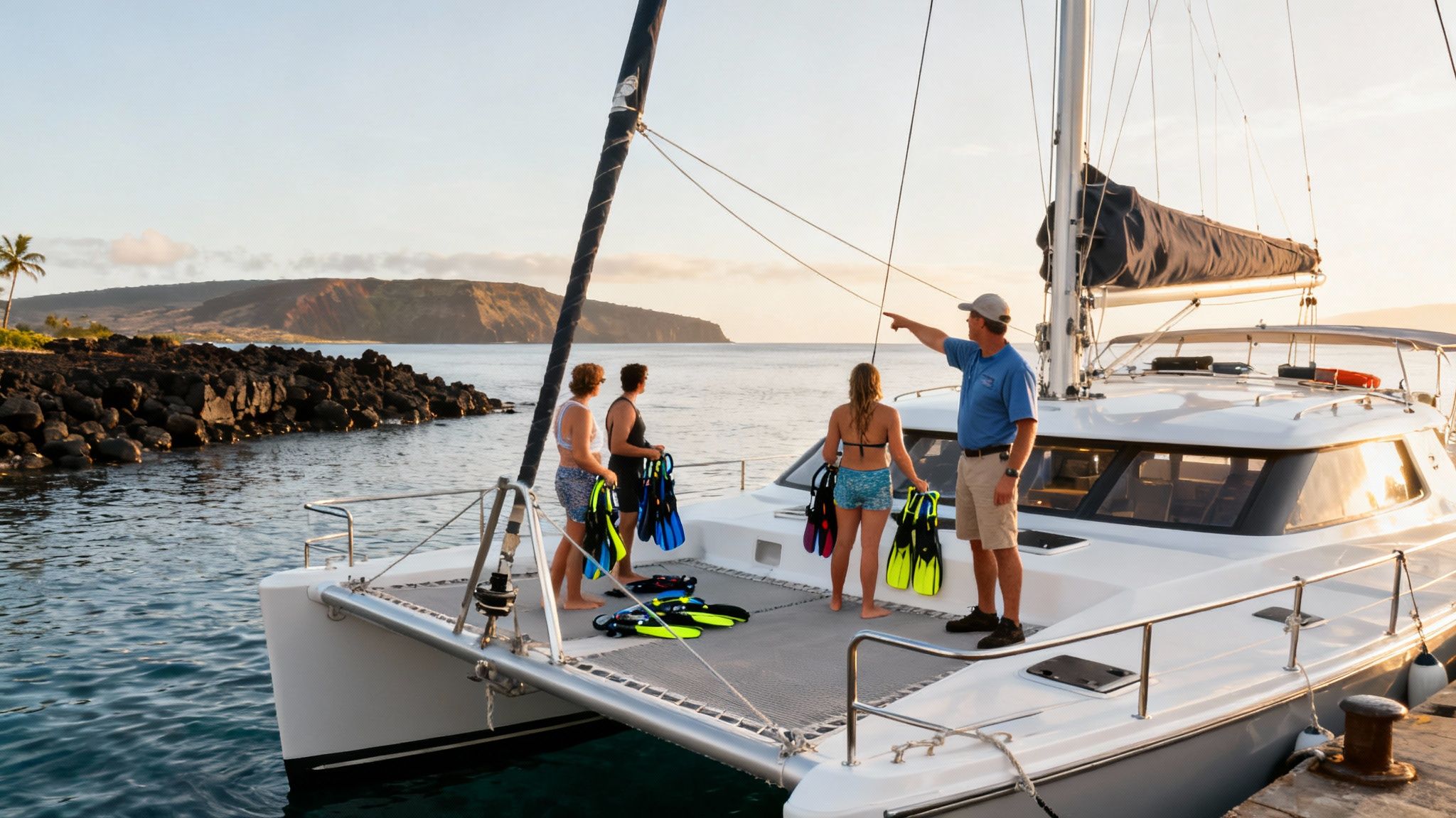 A group of people on a catamaran, holding snorkeling gear, as a man points towards a scenic coastline at sunset.