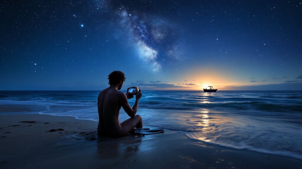 A snorkeler observes a giant manta ray gliding gracefully through the water at night in Kona.