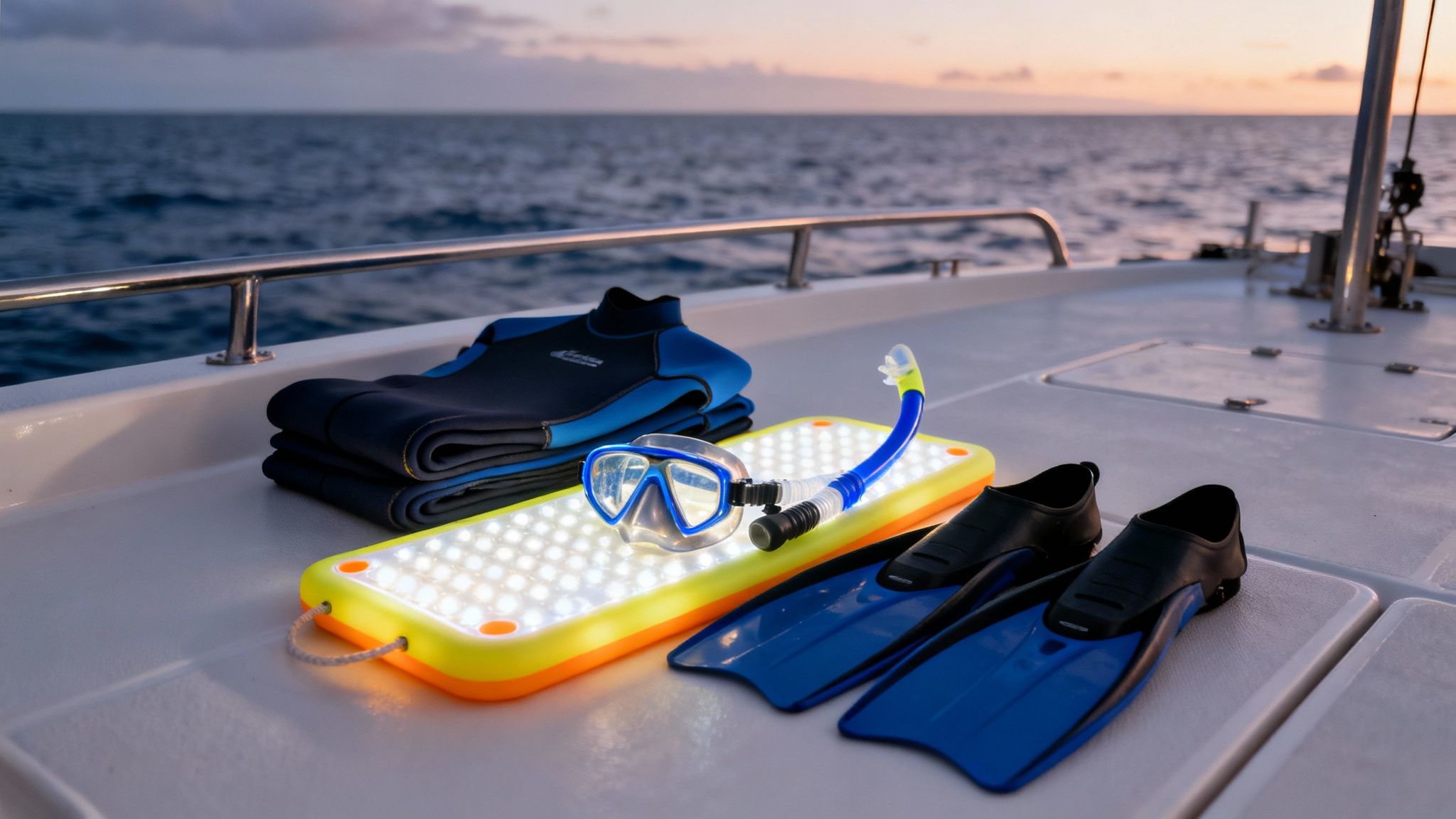 Snorkel gear, including wetsuits, mask, snorkel, fins, and a glowing light board on a boat deck at sunset.