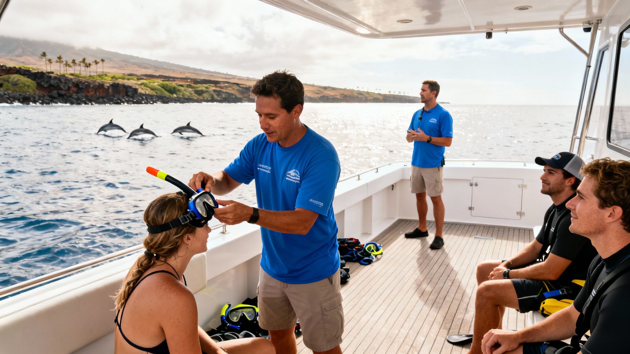 A guide helps a woman with a snorkel mask on a boat with dolphins in the ocean.