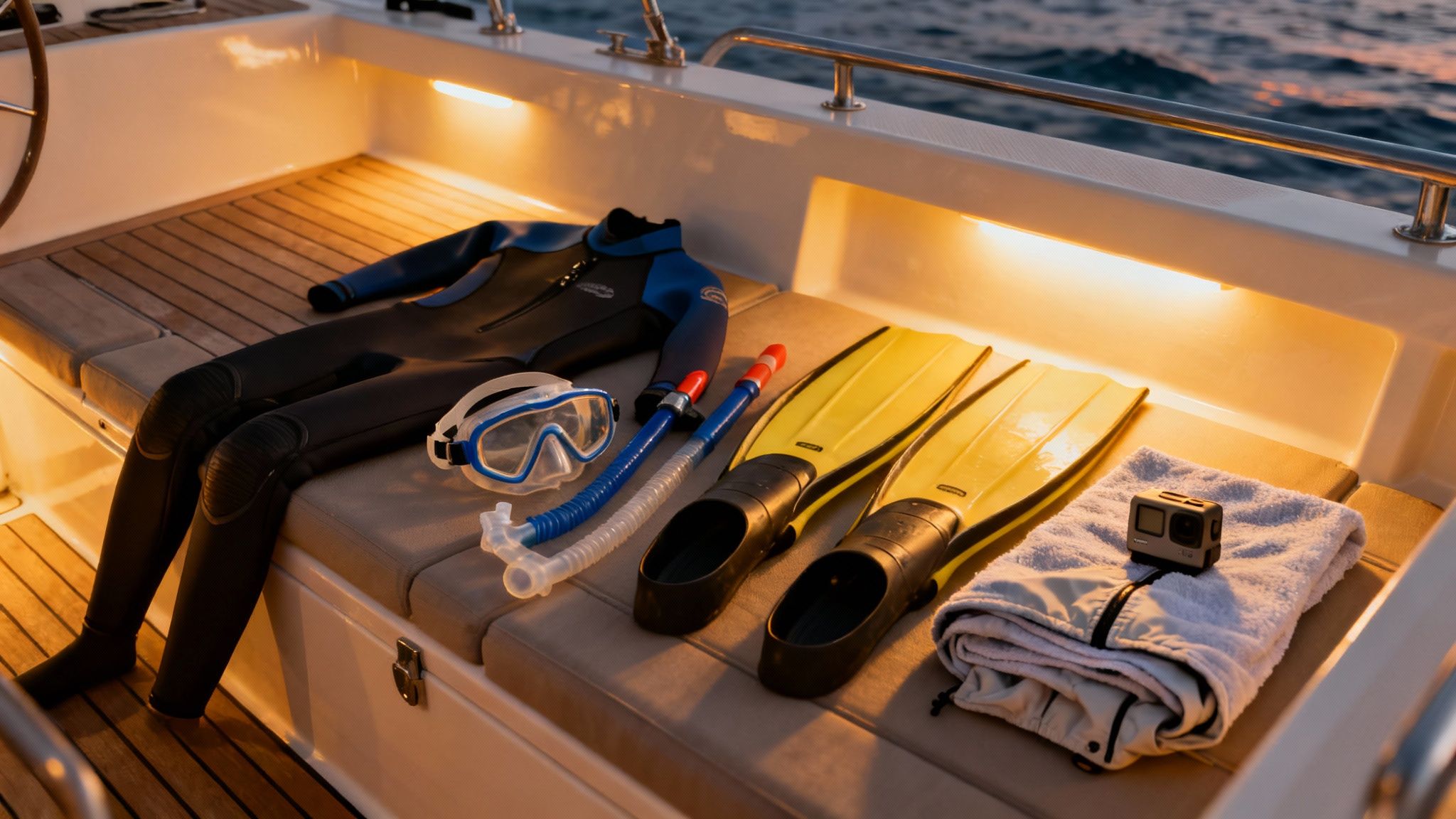 Diving gear including a wetsuit, mask, snorkels, fins, and a GoPro camera laid out on a boat deck at dusk.