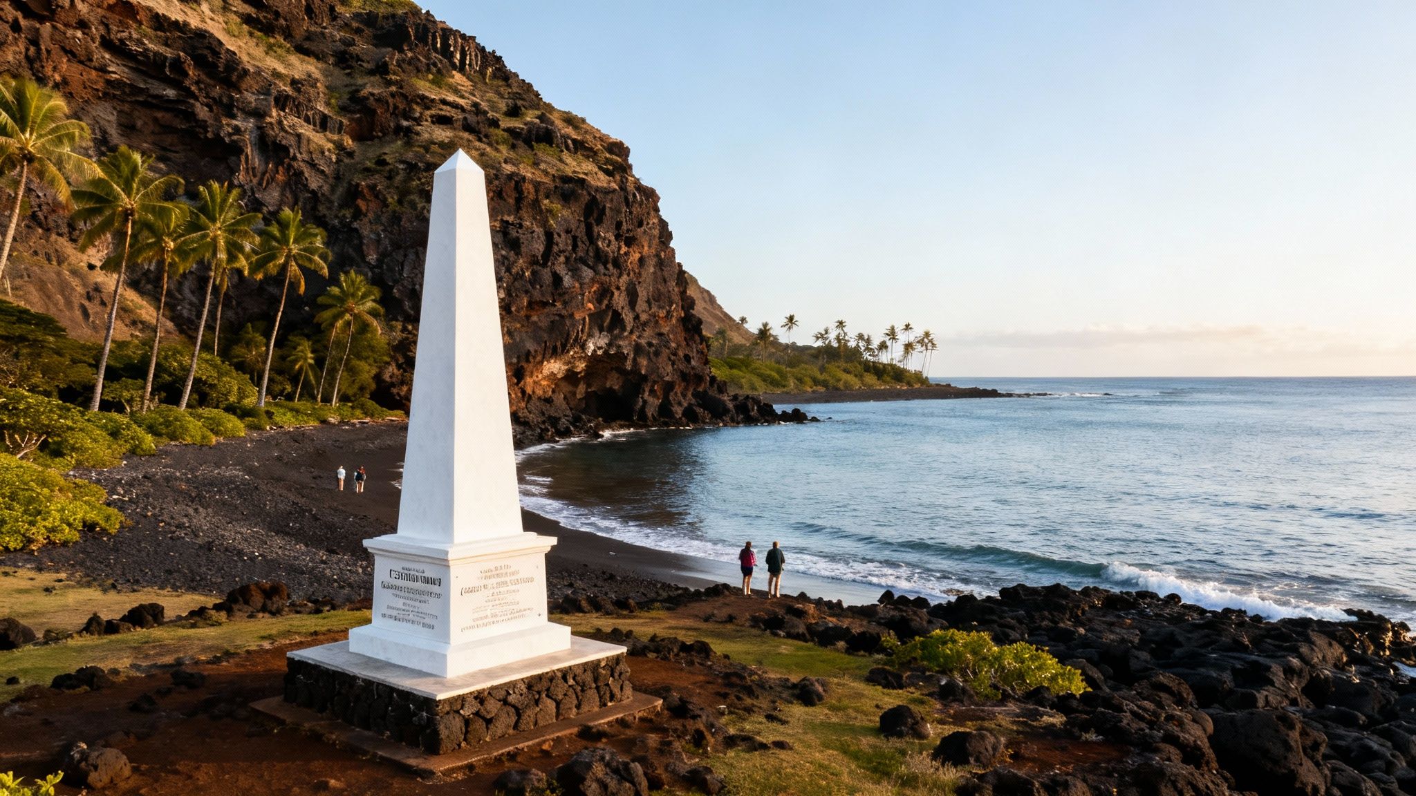 A white obelisk monument stands on a black rocky coast beside a palm-lined beach and blue ocean.
