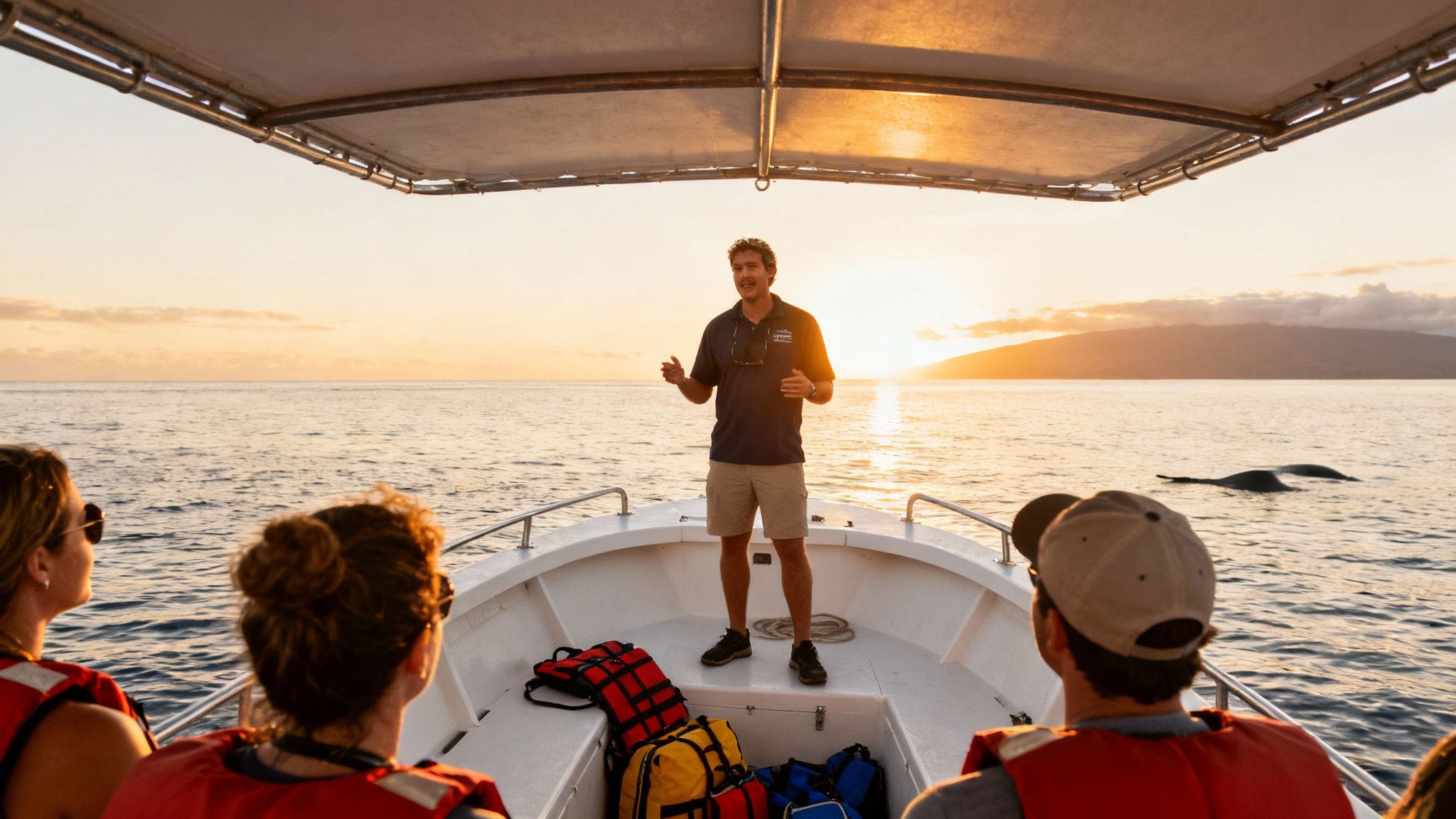 Tourists on a boat with a guide watching whales in the ocean at sunset.