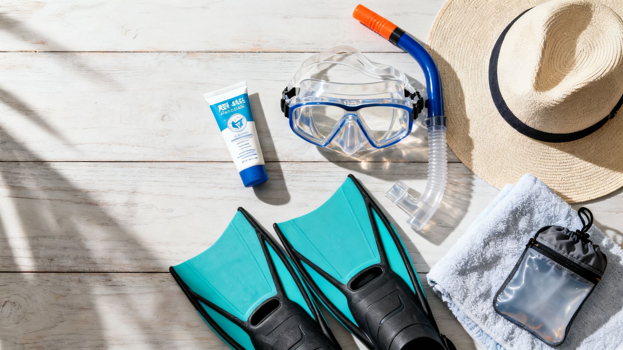 A flat lay of snorkeling gear, a straw hat, sunscreen, and a towel on white wooden planks.