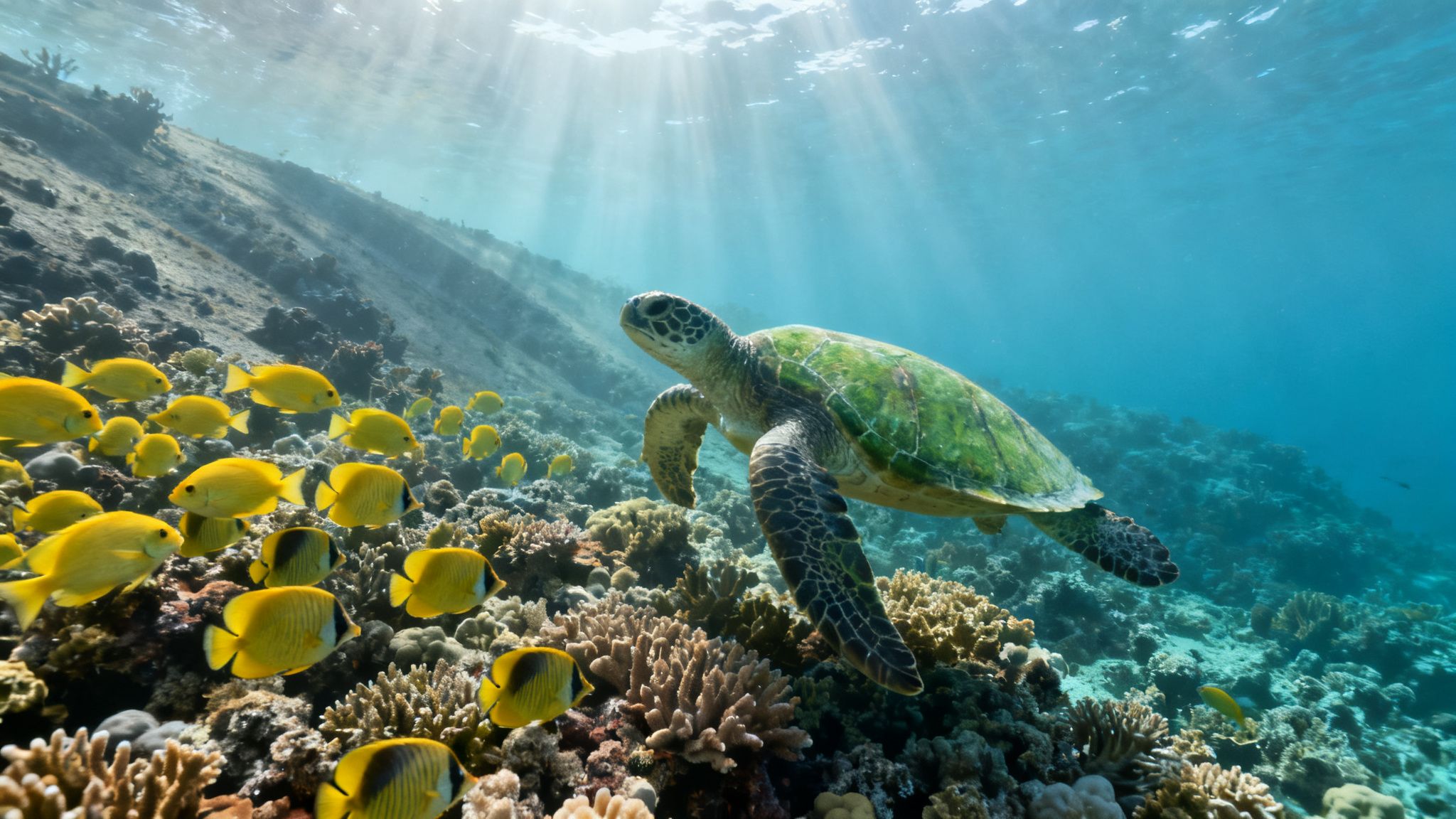 A majestic green sea turtle swims among a vibrant coral reef with a school of yellow fish.