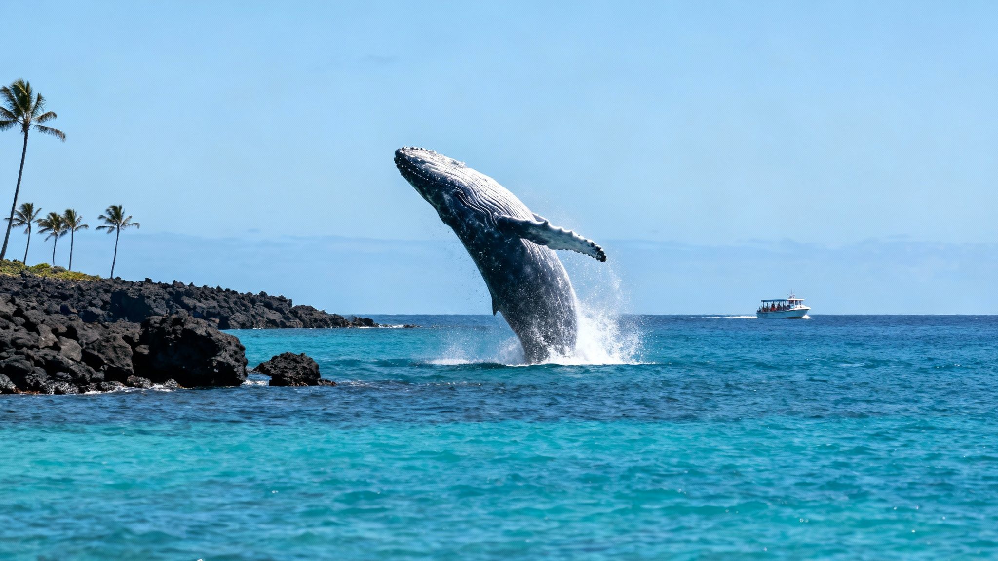 A humpback whale breaching out of the water near a tour boat in Kona, Hawaii.