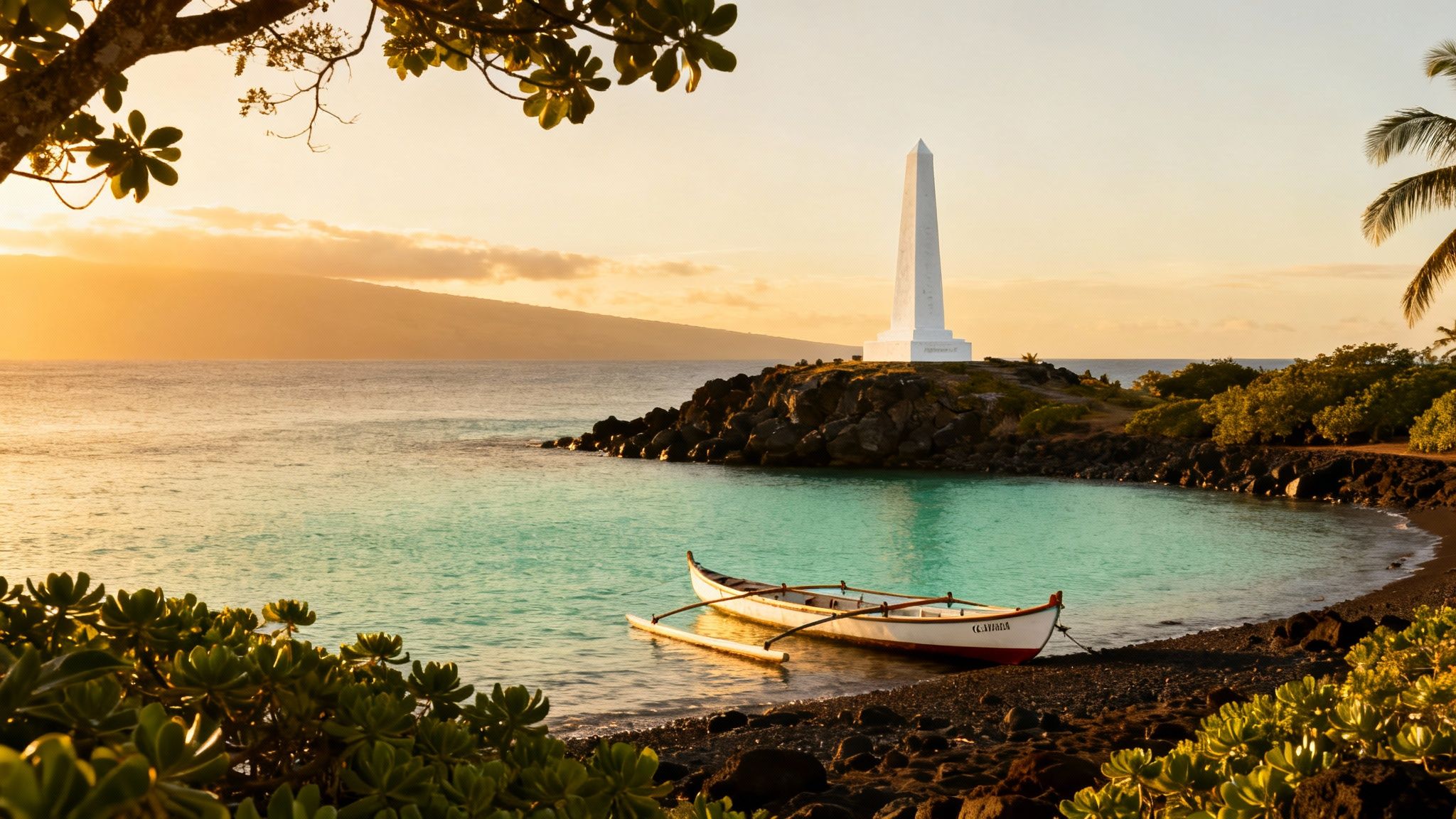A white outrigger canoe rests on a pebble beach at sunset, with Captain Cook's Monument on a rocky point.