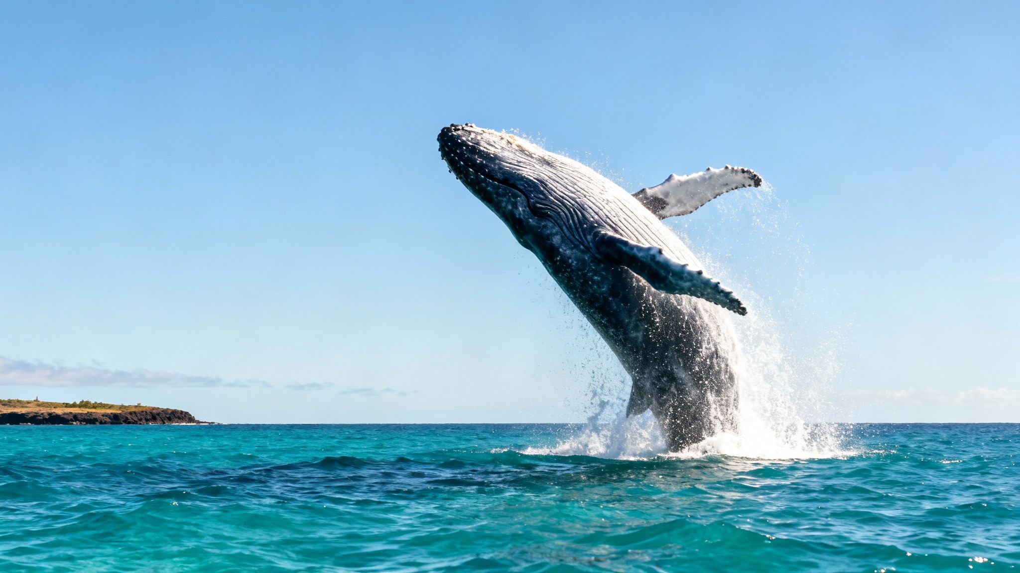 A majestic humpback whale breaches, jumping high out of the turquoise ocean against a clear blue sky.