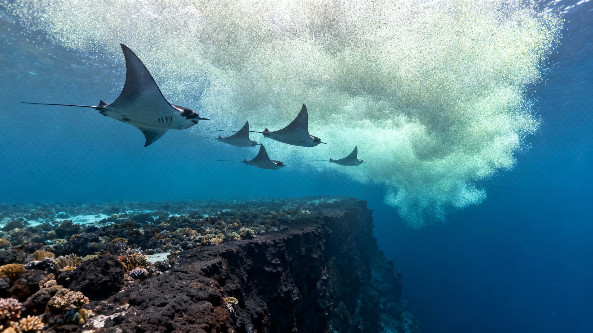 Several manta rays gracefully swim in blue ocean water above a vibrant coral reef.