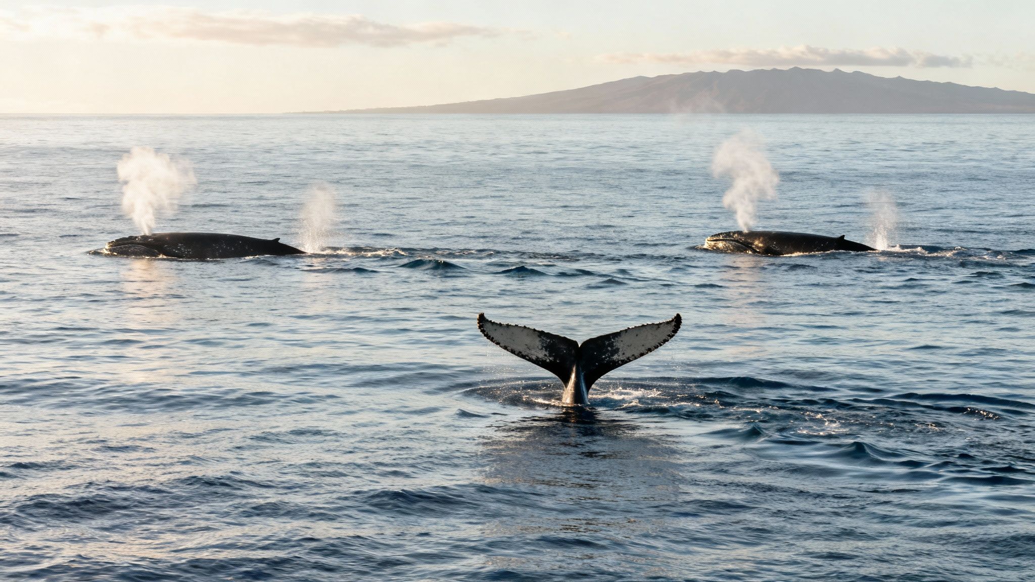 Humpback whales spouting and diving in the ocean with an island in the background.