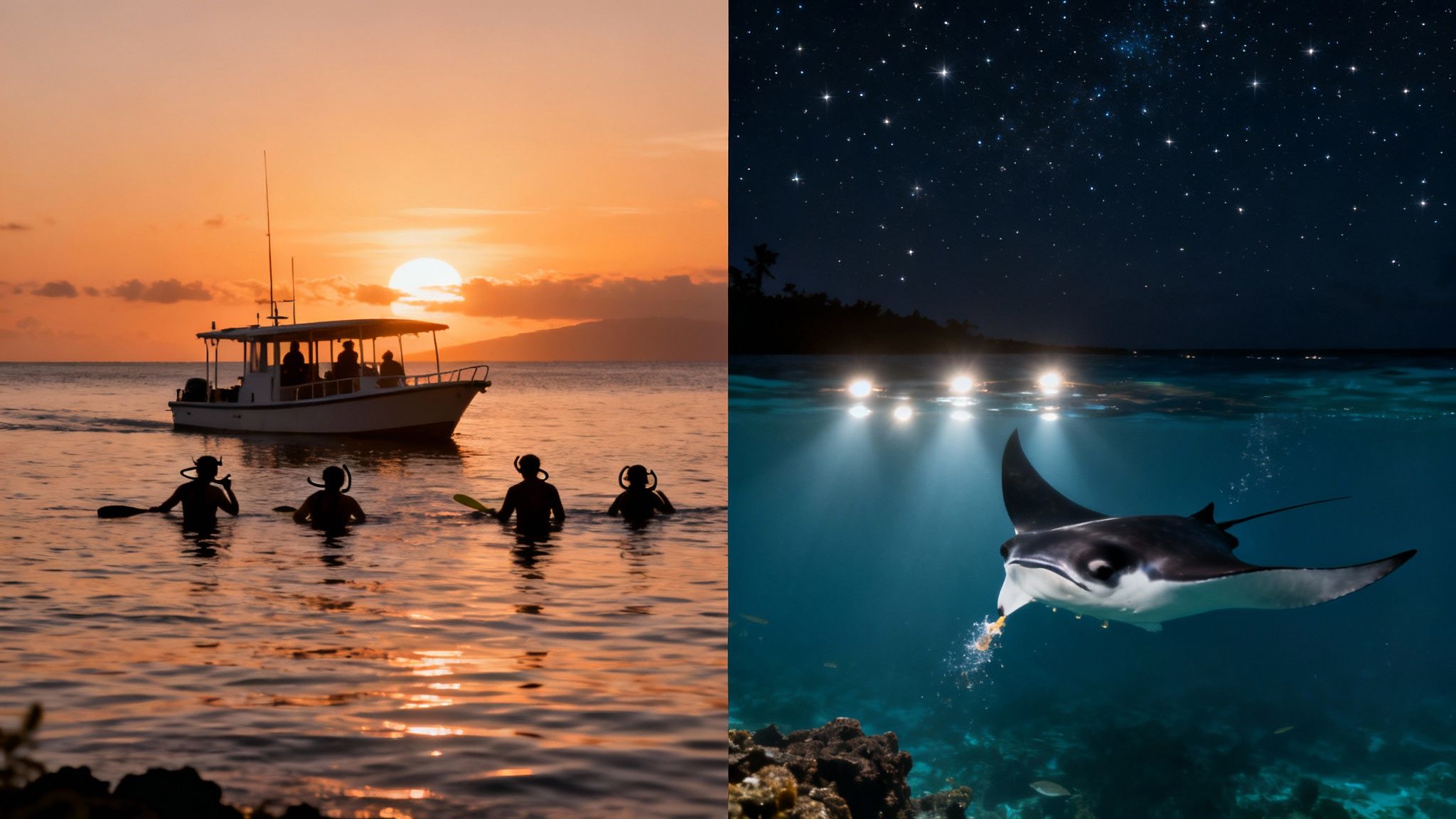 A split image of snorkelers near a boat at sunset and a manta ray swimming at night under lights.