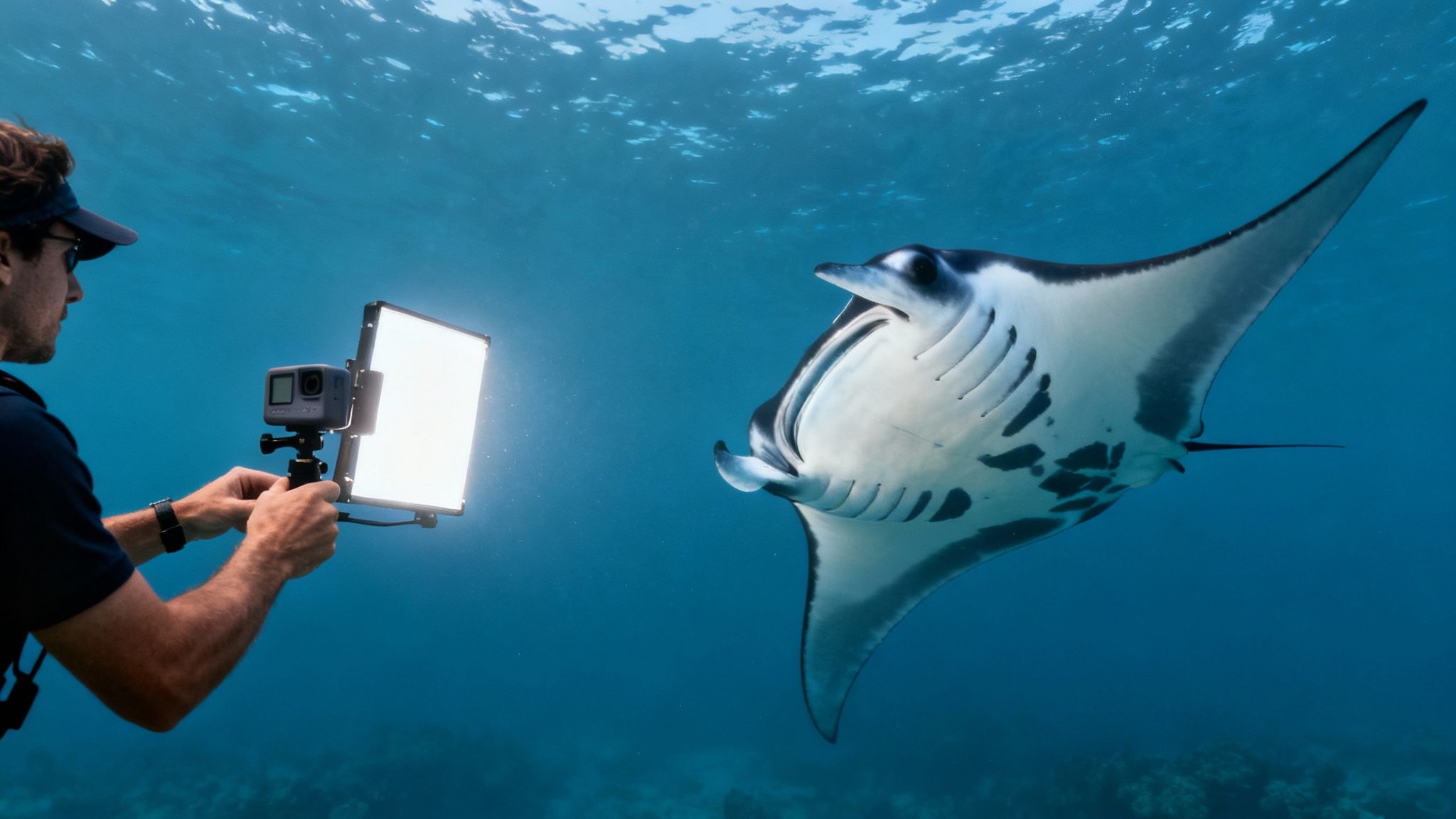 A diver using an underwater camera and bright light to photograph a majestic manta ray.