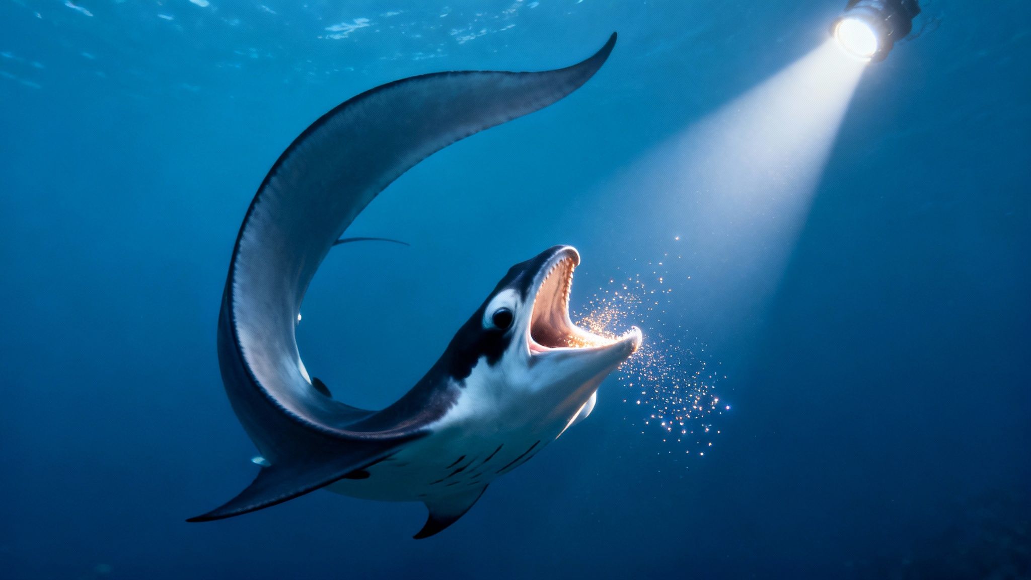 A majestic manta ray swims underwater, mouth open, feeding on glowing plankton in a flashlight beam.