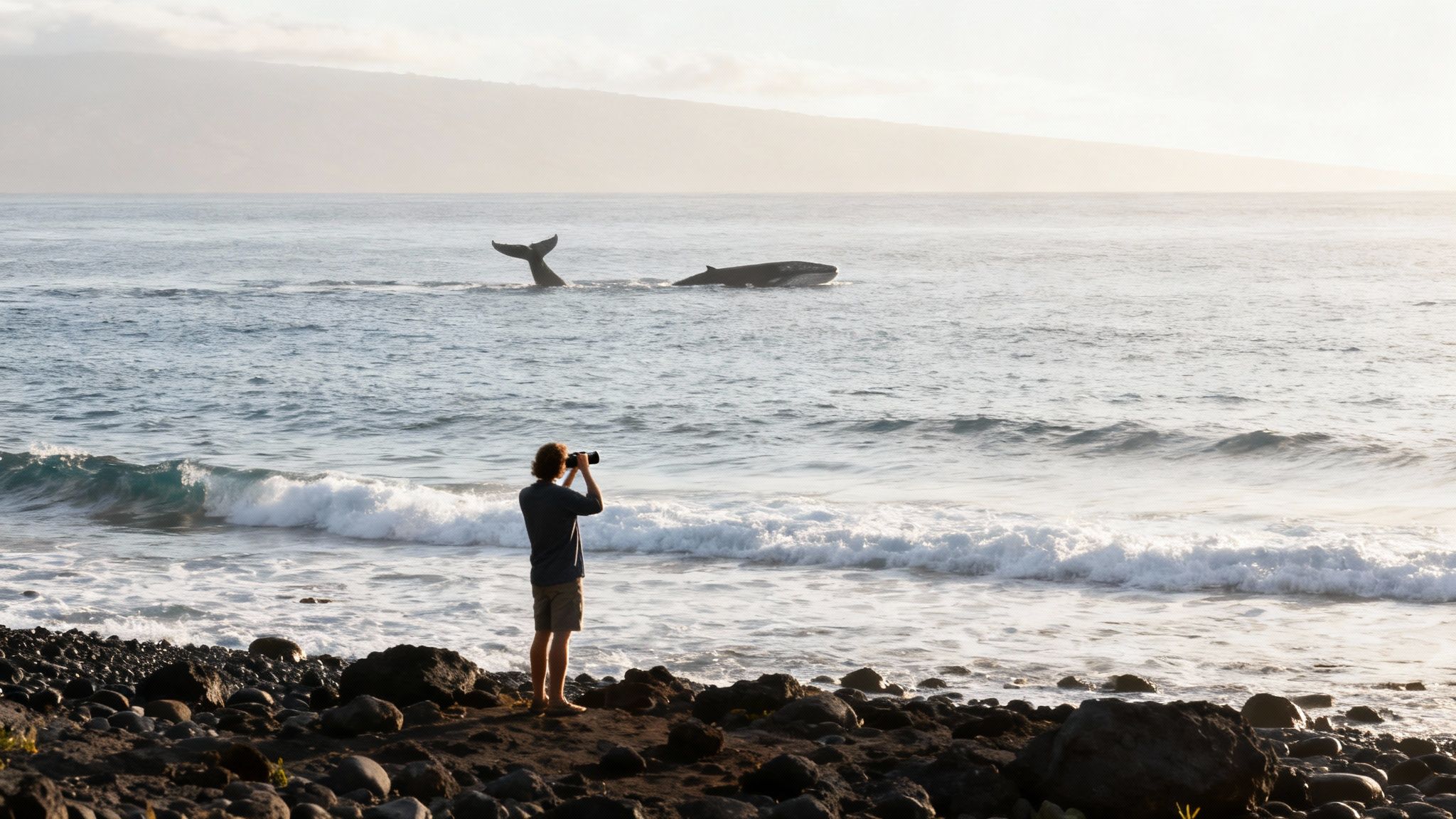 A mother humpback whale and her calf swimming side by side in the blue ocean.