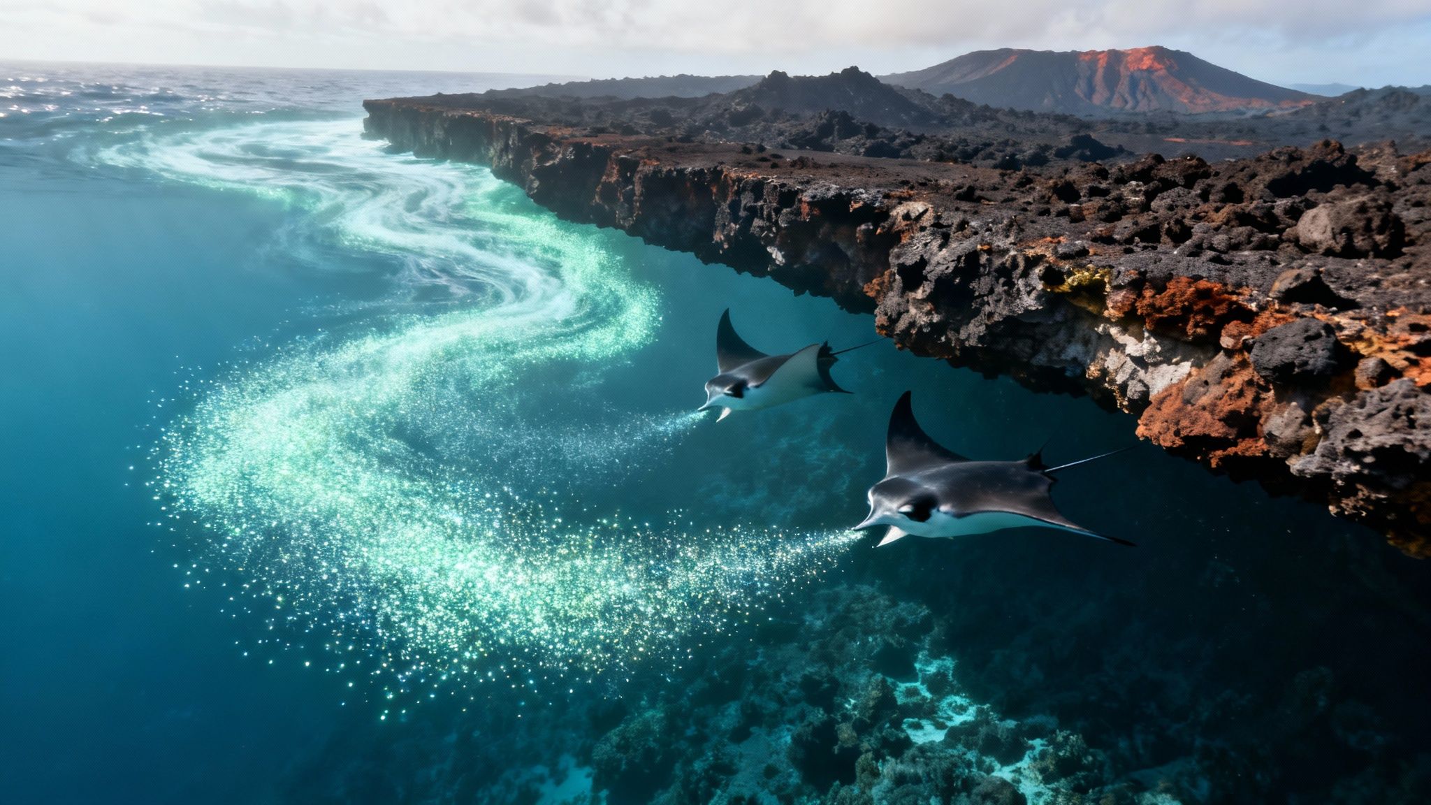 Two manta rays swim through glowing ocean water near a dark volcanic island with an erupting volcano.