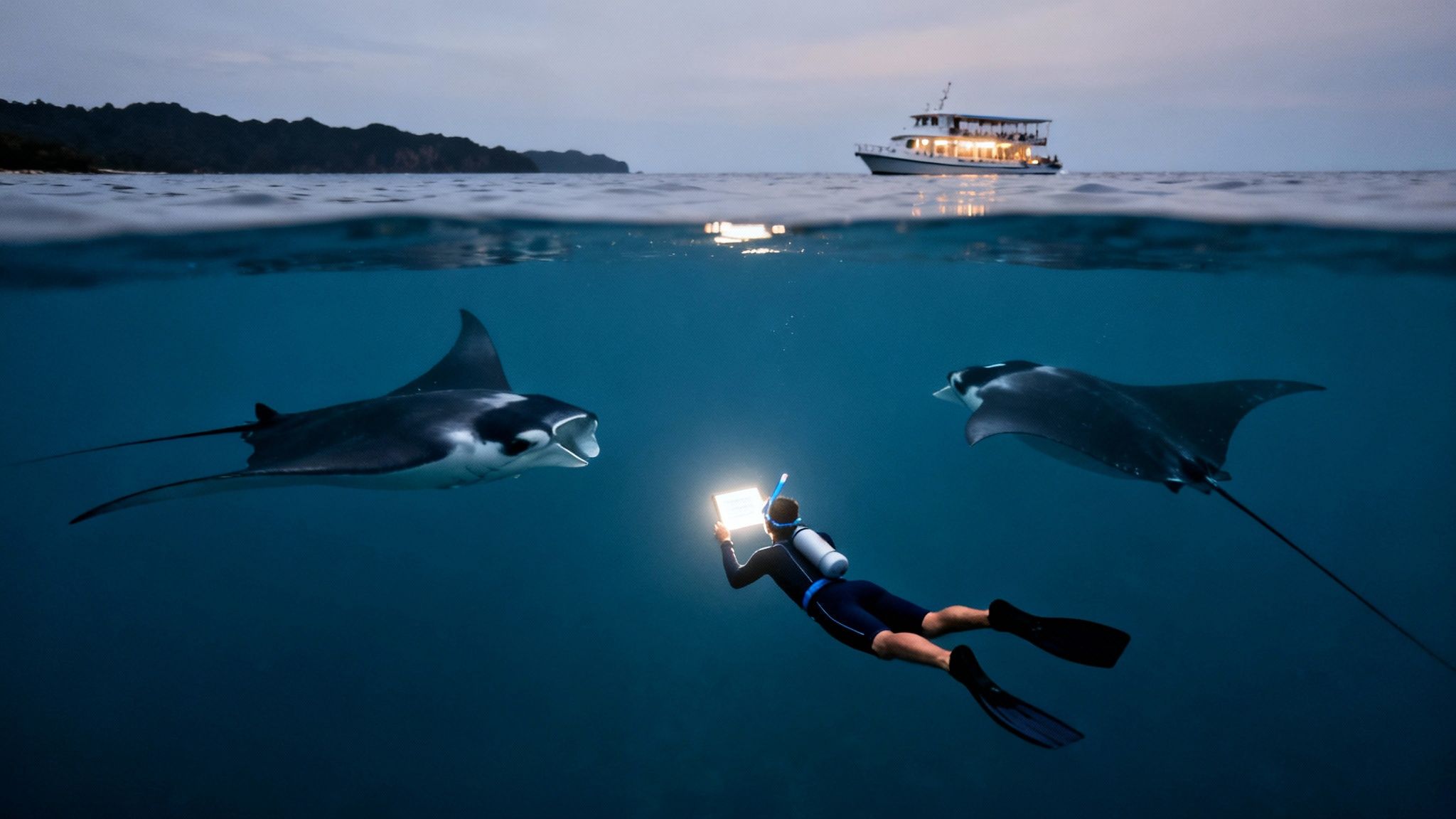 A diver with a glowing tablet interacts with two manta rays underwater at dusk, with a boat and island.