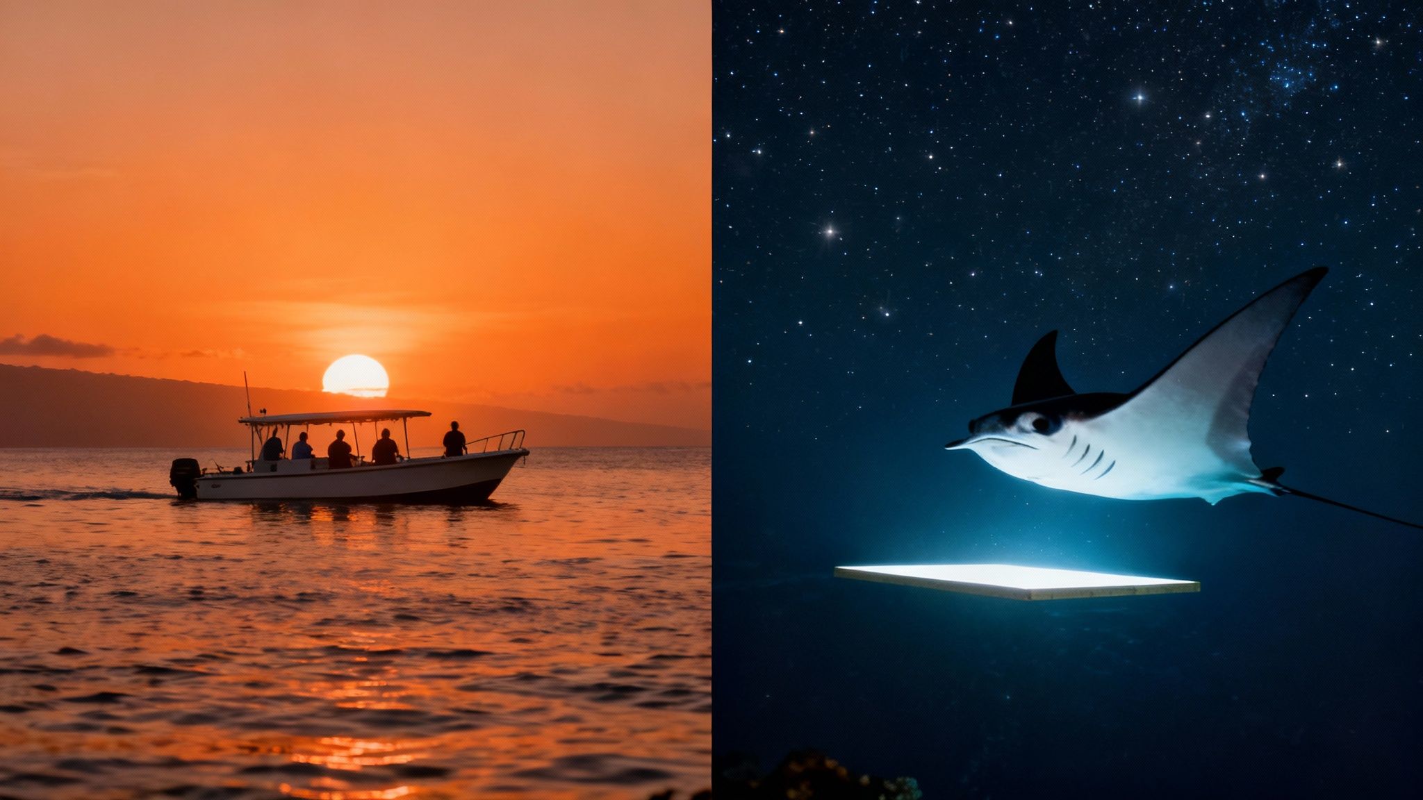 A split image shows a boat at sunset on the left and a manta ray under a starry night on the right.