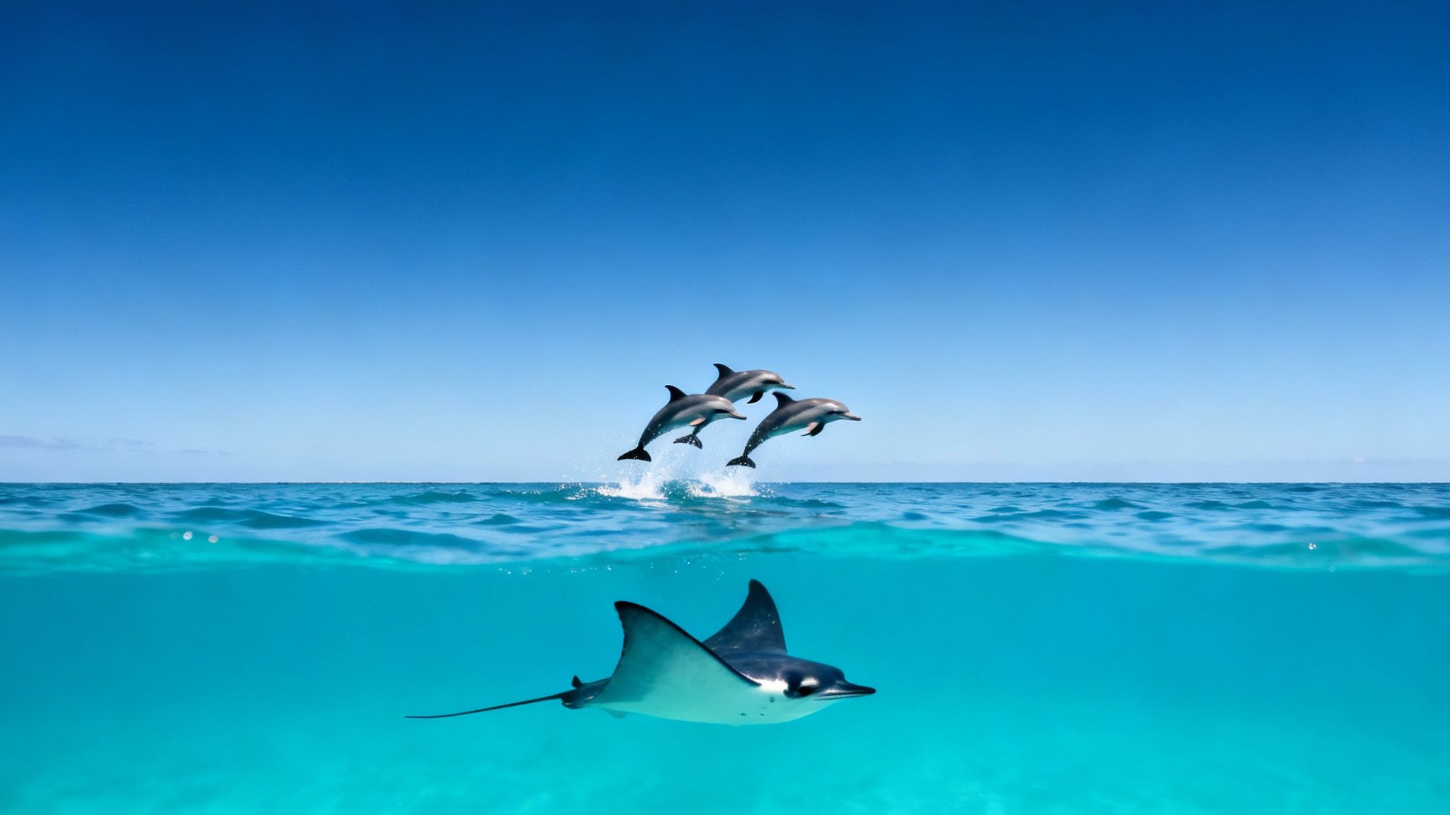 Three dolphins leap above the water, while a spotted eagle ray swims gracefully beneath the clear blue ocean.
