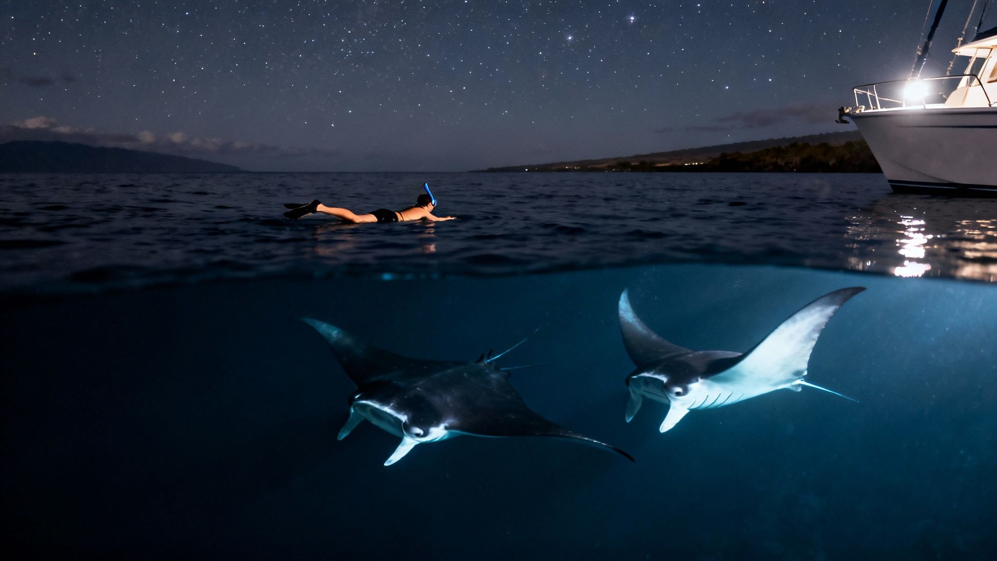 An over-under shot shows a snorkeler watching two manta rays swim beneath a starry night sky.