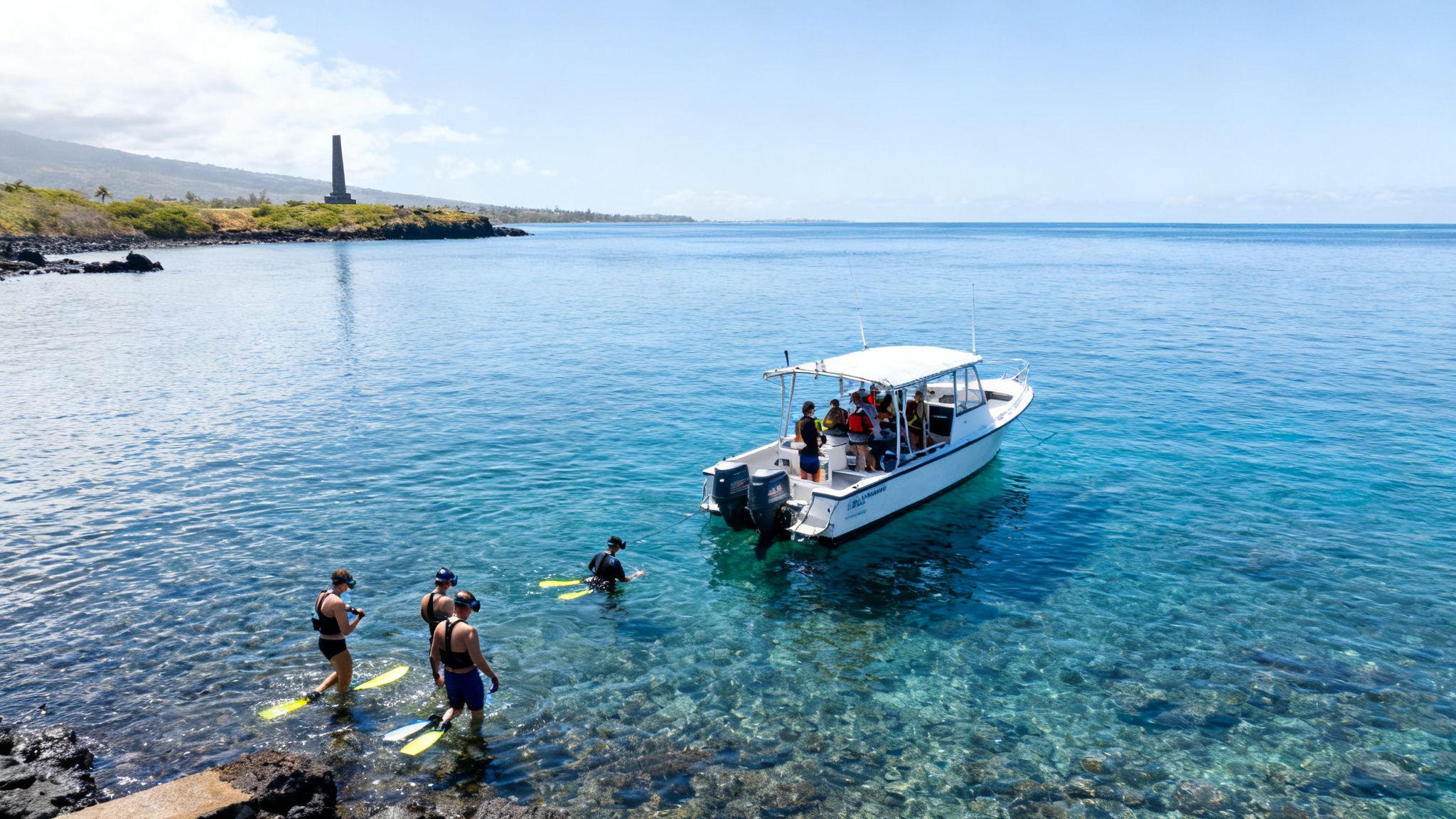 People snorkeling in clear blue water near a boat and a monument on Big Island.