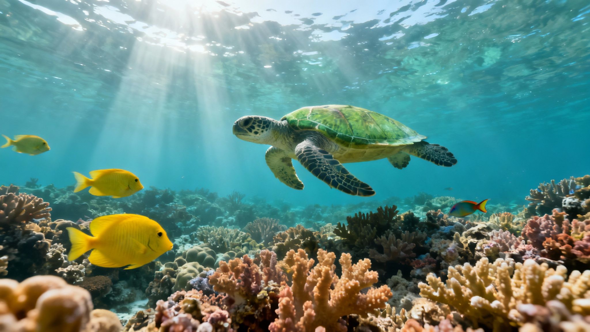 A vibrant underwater scene with colorful coral and tropical fish at Kealakekua Bay.
