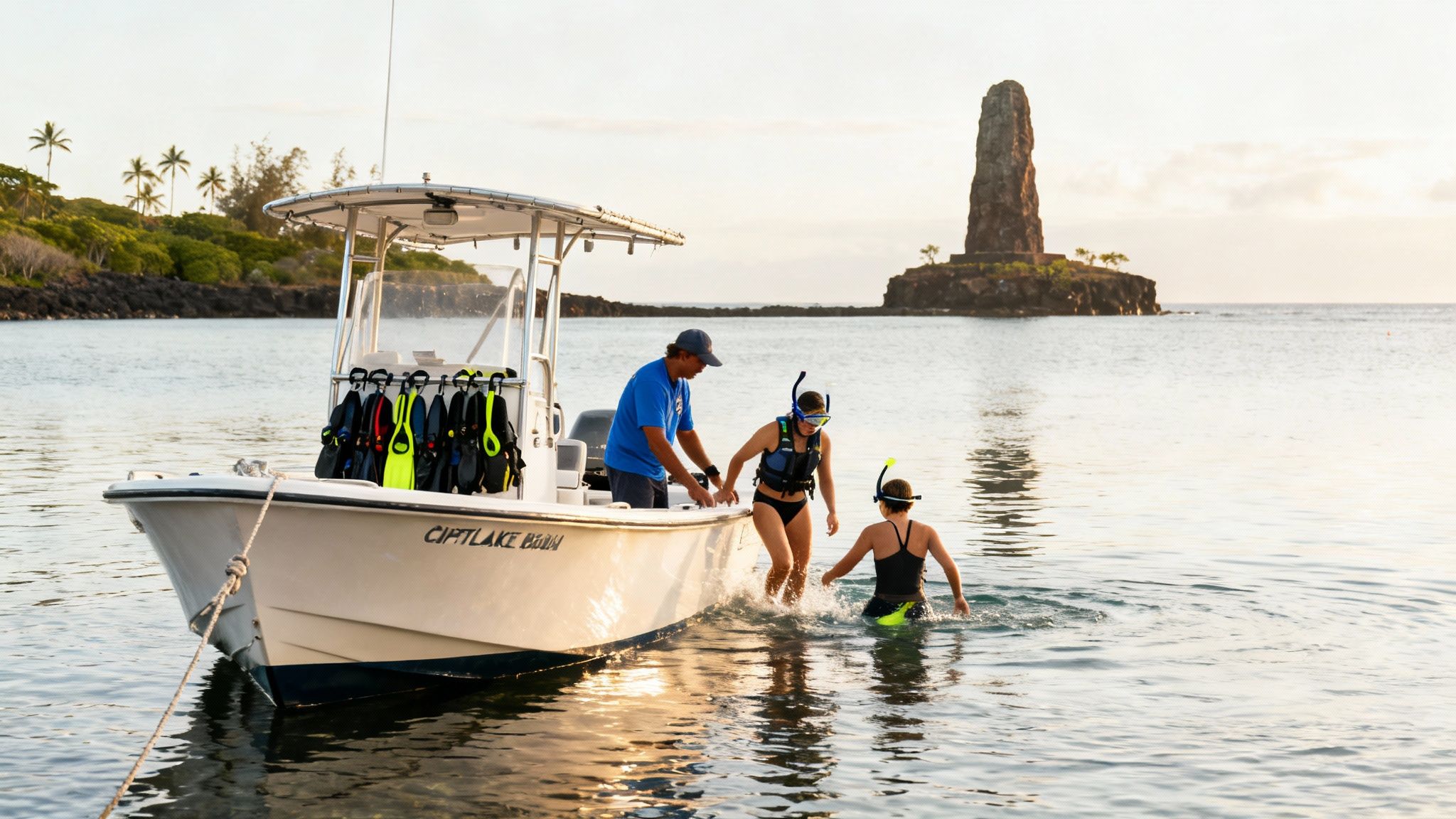 A guide assists two women with snorkeling gear from a boat into clear ocean waters.