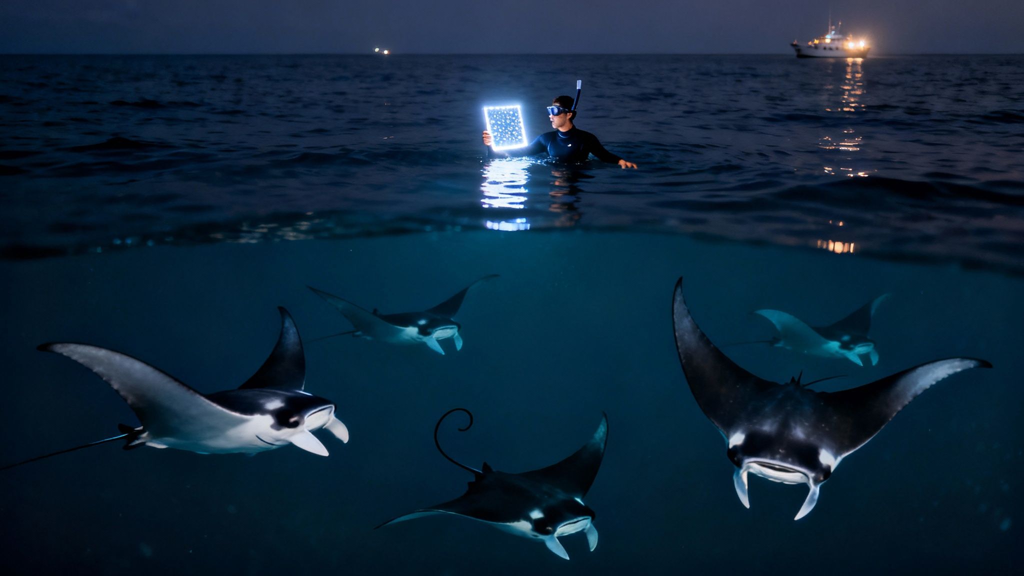 A diver with a glowing tablet illuminates multiple manta rays swimming under the ocean at night.