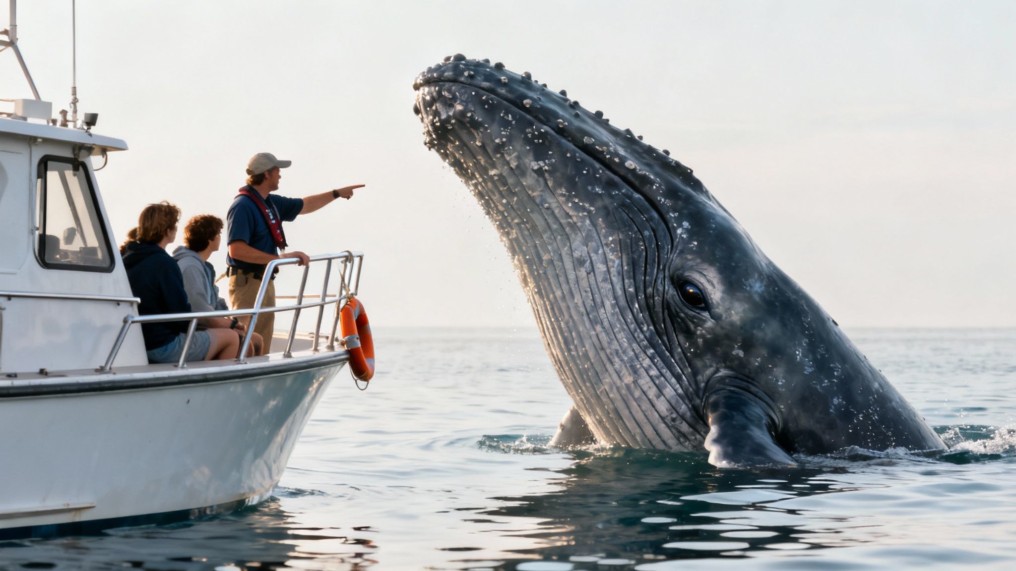 A tour guide on a boat points at a large humpback whale breaching out of the ocean.
