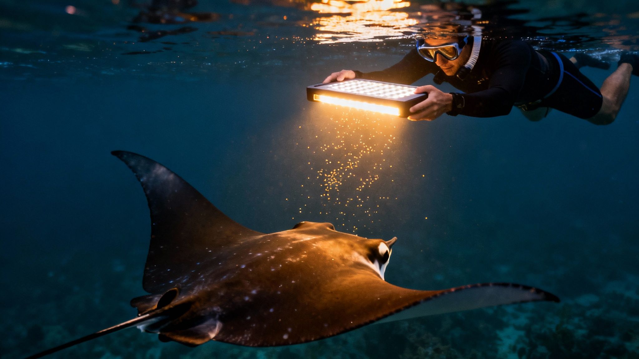 A snorkeler shines a bright light underwater, attracting a majestic manta ray at night.
