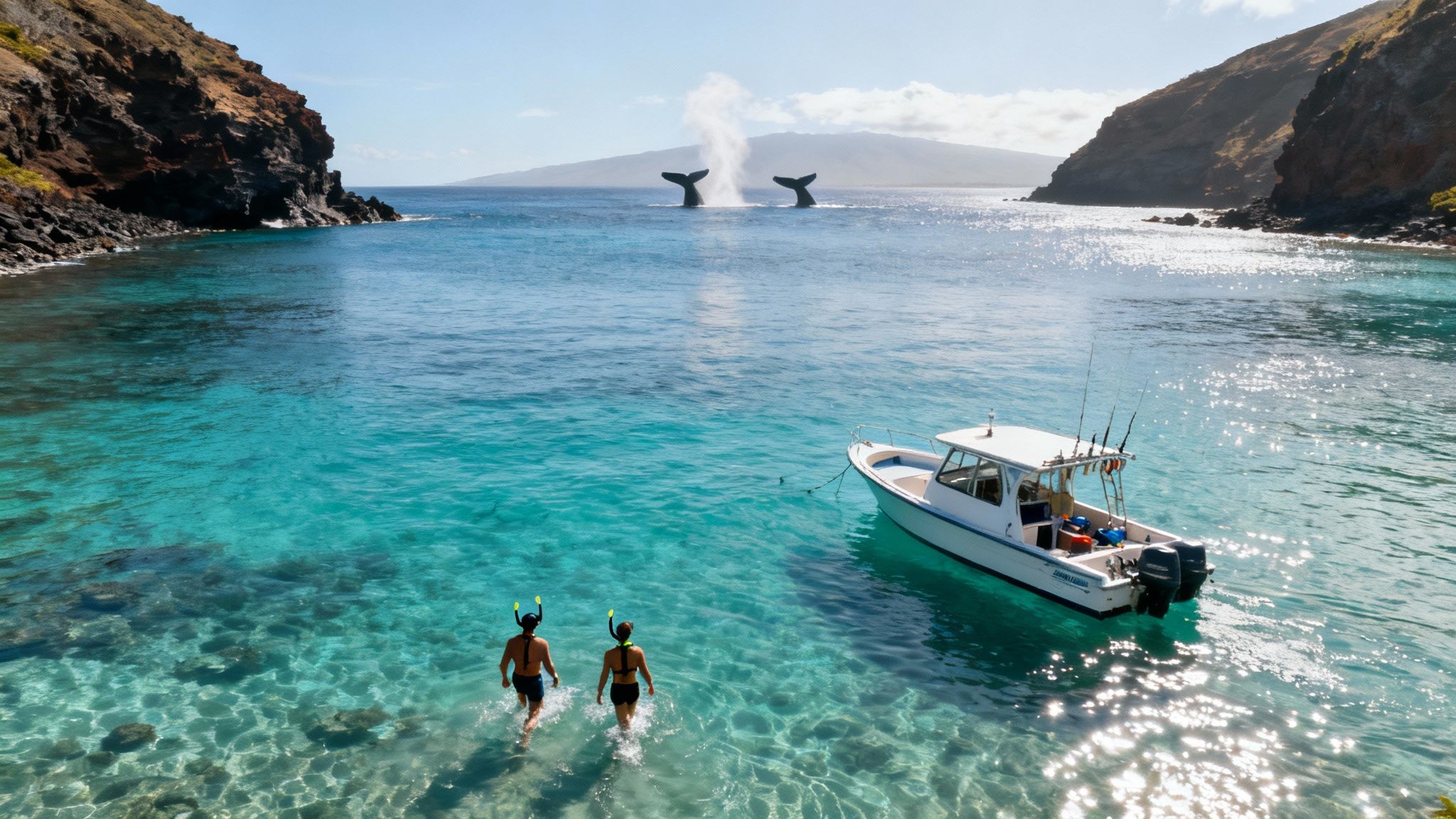 Two snorkelers swimming near boat with humpback whales breaching in turquoise Hawaiian waters
