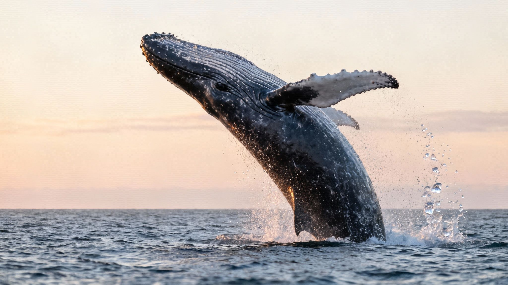 A majestic humpback whale breaches powerfully from the ocean, splashing water at sunrise.
