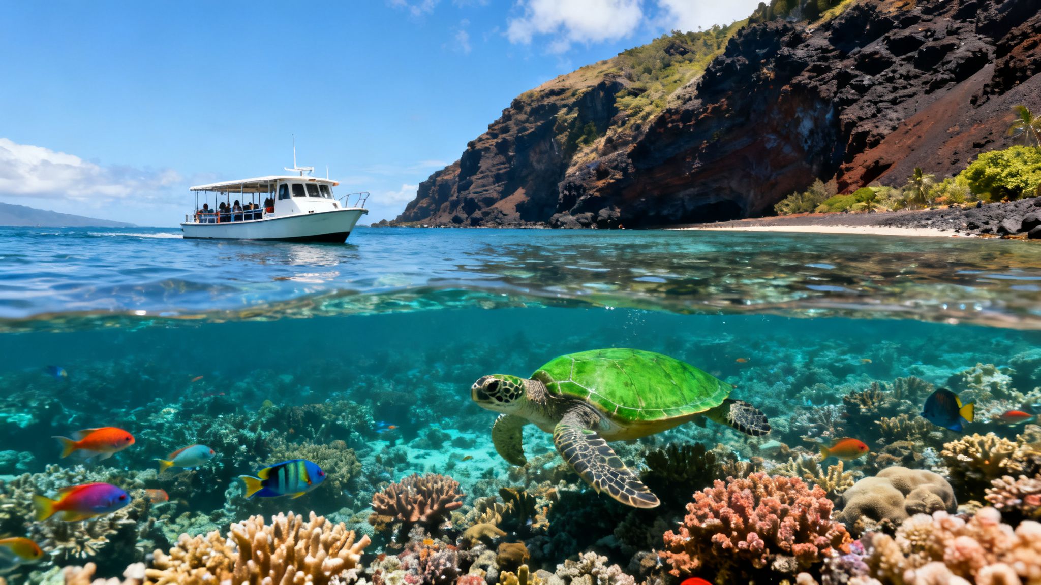 Split view: a tourist boat and volcanic island above water, with a vibrant coral reef and sea turtle below.