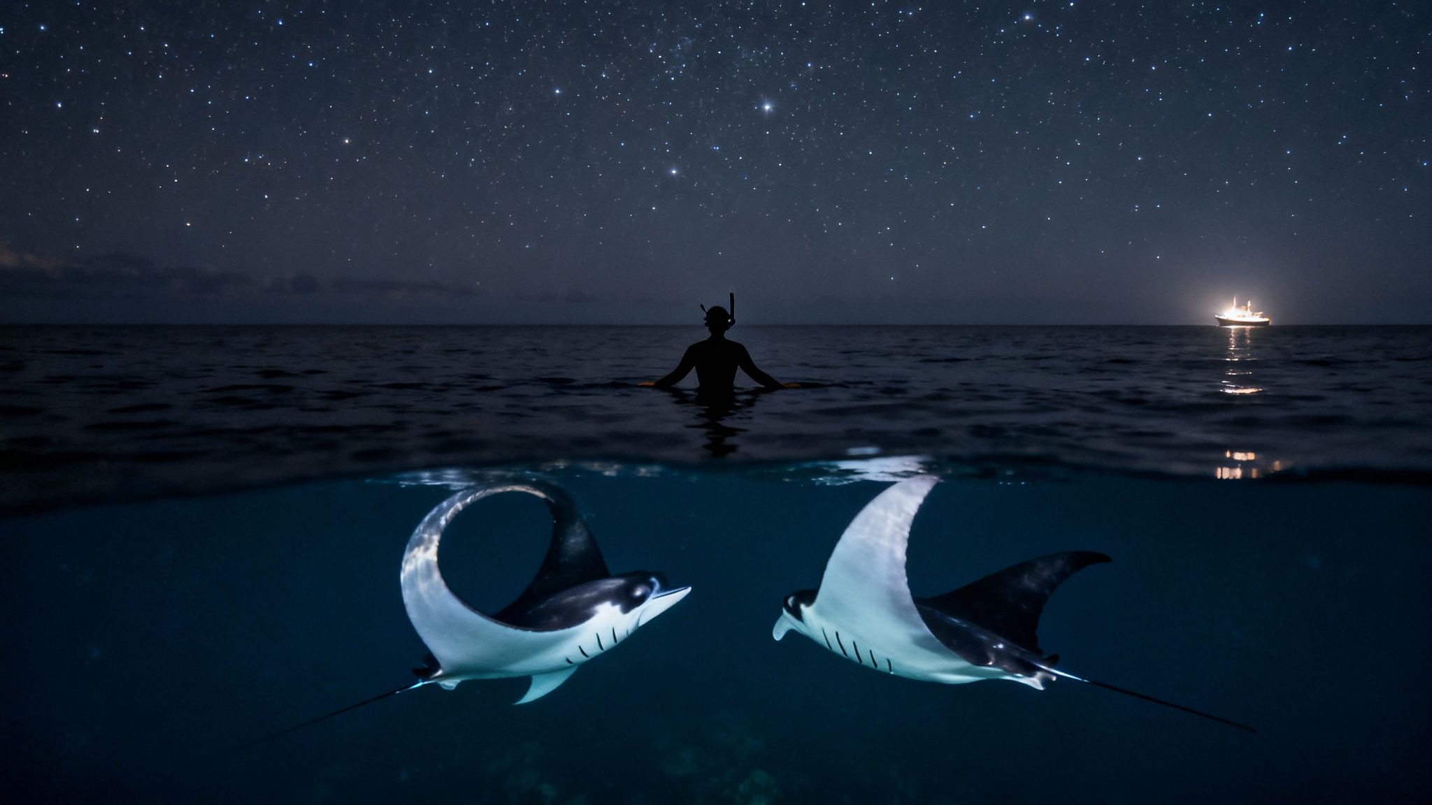 Split view: a snorkeler under a starry night sky and two elegant manta rays underwater.